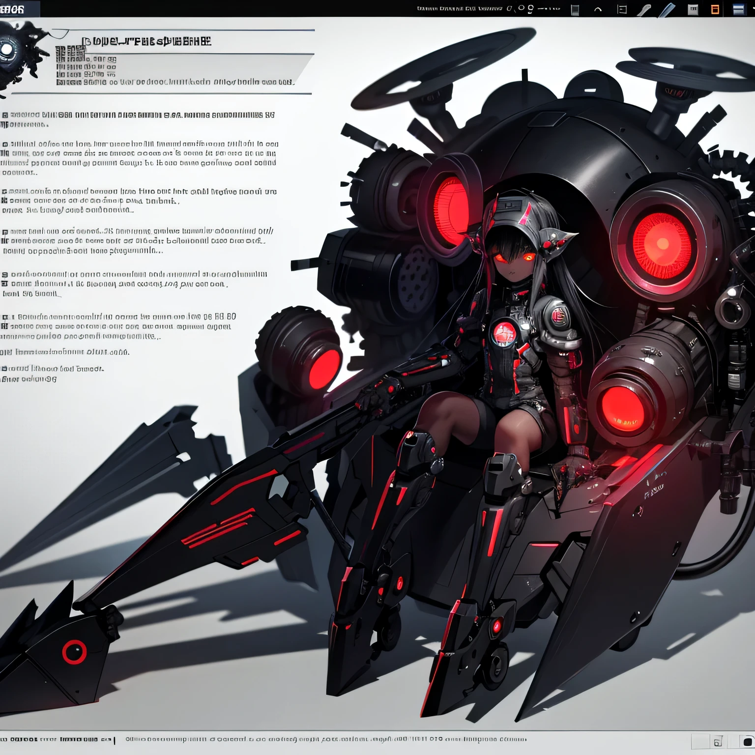 biopunk, biopunk art, biopunk atmosphere, ((character sheet list)), (concept arts), knee length portrait, gloomy biopunk demon girl, dark skin, (dark black skin), (red visor), long smooth hair, gray noise colour hair, open shoulders, meat helmet, membrane plates, (biopunk setting), black oil liquids, bones and eyes, circles and cubes, cold lights, highly detailed, extremely detailed