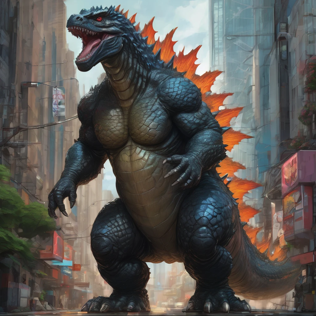 Godzilla, aesthetic, Baby Godzilla wearing a diaper, highly detailed, digital painting, artstation, concept art, smooth, sharp focus, illustration, art by artgerm and greg rutkowski and alphonse mucha