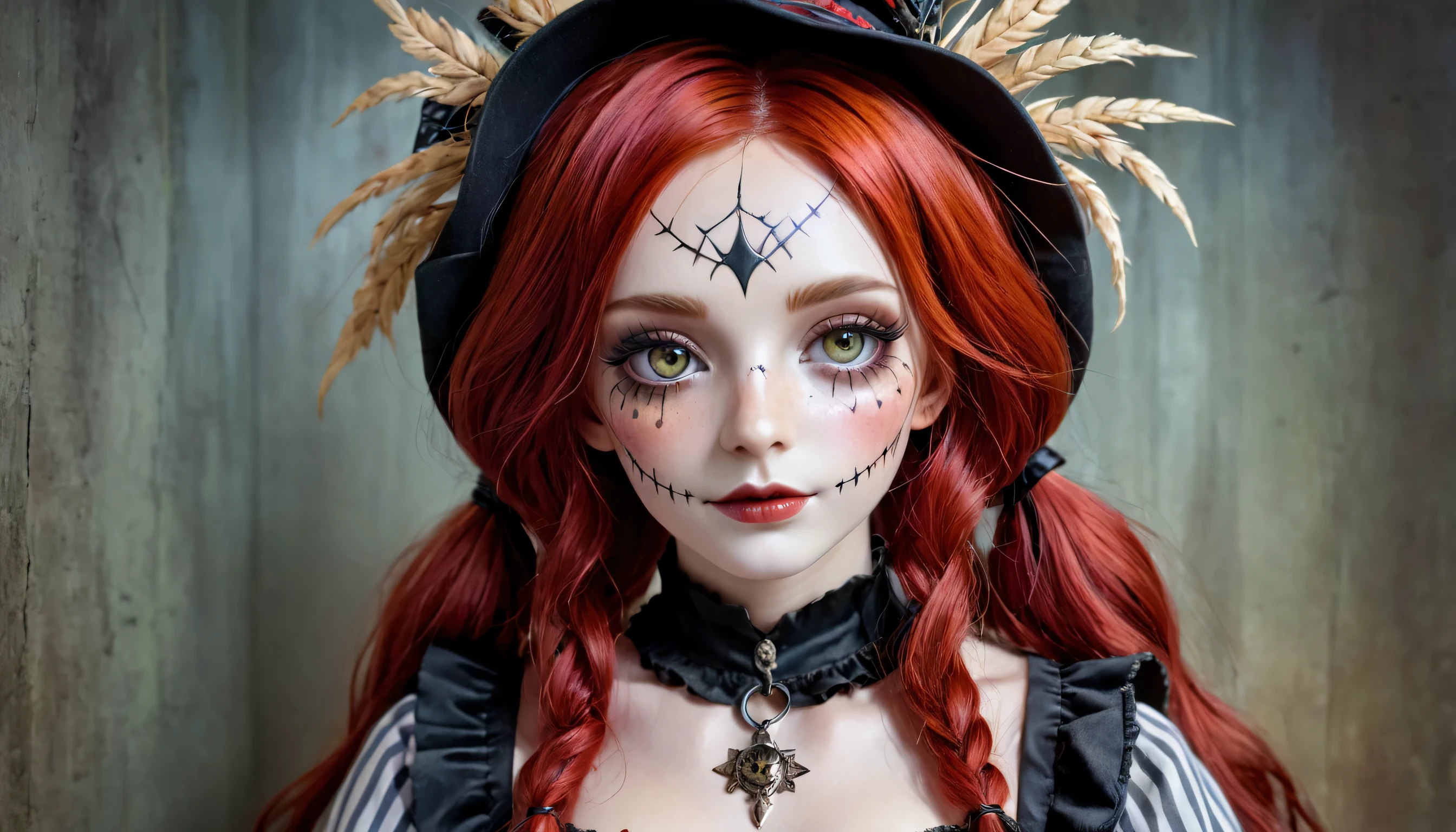 a woman with red hair and makeup,patchwork doll,real human face with skin,dreamy gothic girl,scarred,cosplay,8k highly detailed,pinterest wallpaper,the scarecrow,twoface