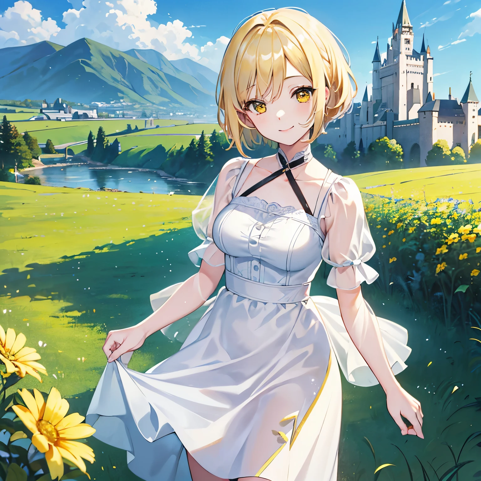 (masterpiece、4K、detailed)pretty girl、(blonde short bob hair、one person、looking at the camera、Beautiful yellow eyes、close up smile、Are standing、cute clothes、short white dress)、grassland、I can see the castle in the distance