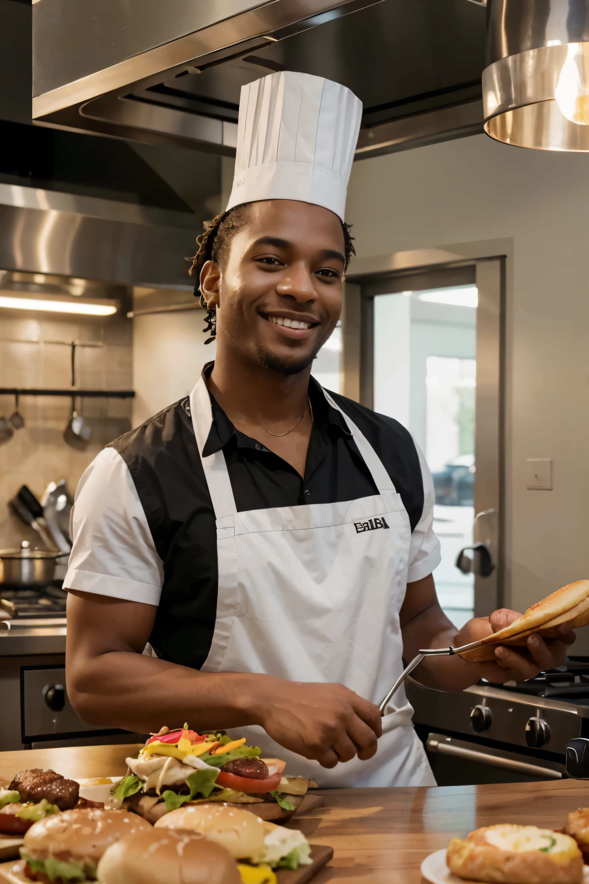 A dark-skinned man in a spacious, professional kitchen, shown in profile, radiates joy while grilling a burger on a sleek, professional black grill. This chef, wearing a pristine white apron, stands out for his broad, genuine smile, reflecting his love and satisfaction for his work, bringing a sense of warmth and contentment to the moment. What makes this representation unique is the chef's ability to handle multiple burgers at once, with perfectly visible grill marks on each, symbolizing unparalleled culinary mastery. Around the grill, on a strategically placed side table to maintain efficiency and workflow in the kitchen, several burgers are already prepared, ready to be served. These burgers, neatly stacked and lightly covered to retain their warmth and freshness, await their moment to be the center of attention. The entire scene, from the grill to the side table, is under natural and bright lighting, highlighting the realistic quality of the setting and focusing attention on the chef's skill and the enticingly prepared burgers. The arrangement of the ready-made burgers, along with the chef's joyful expression and the professional, well-equipped kitchen ambiance, invites viewers to admire not only the culinary skill but also to share in the pleasure and happiness that cooking can bring. Captured with a Sony Alpha a9 II camera and a 200-600 mm G telephoto lens with natural light. Hyper-realistic image quality, perfect focus and motion blur, vivid colors. Framed in a 3:2 horizontal composition at 750px size.