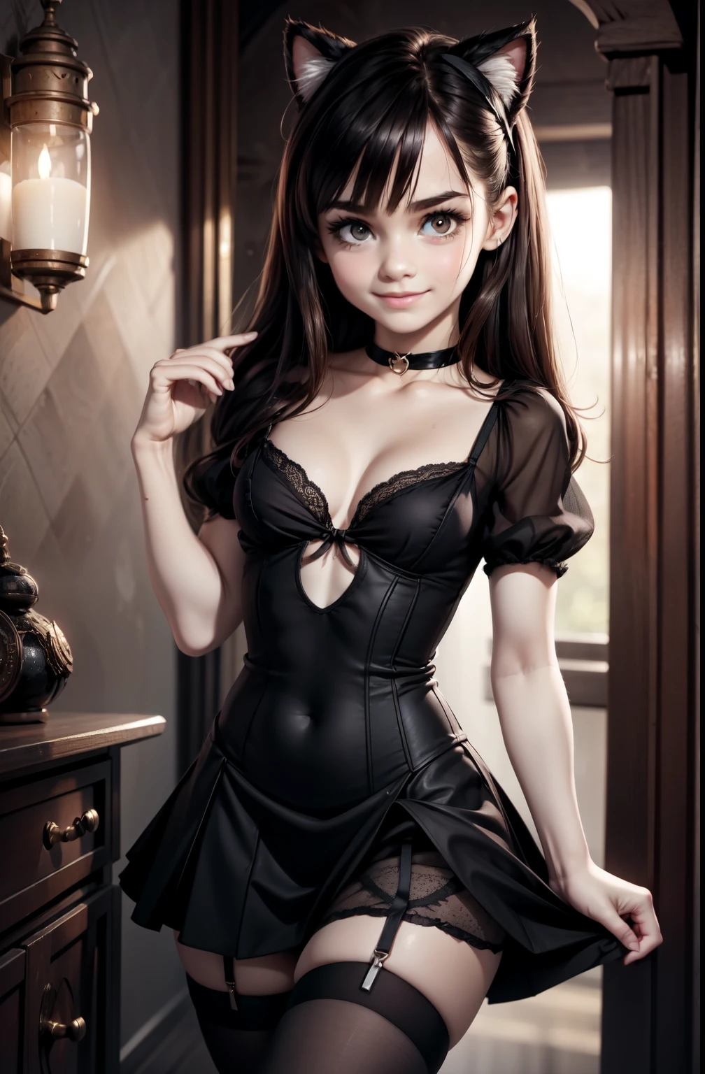 very young slim fit girl, at full height, rounded face, very long disheveled dark brown hair, big brown eyes, shy smile, perfect flat breast, band on head with fake cat ears, gothic ****ta, parororo, short sleeves, choker, bows, ribbons, close tight microdress, very short dress, a strand of hair from the bangs hangs between the eyes, accurate small snub nose