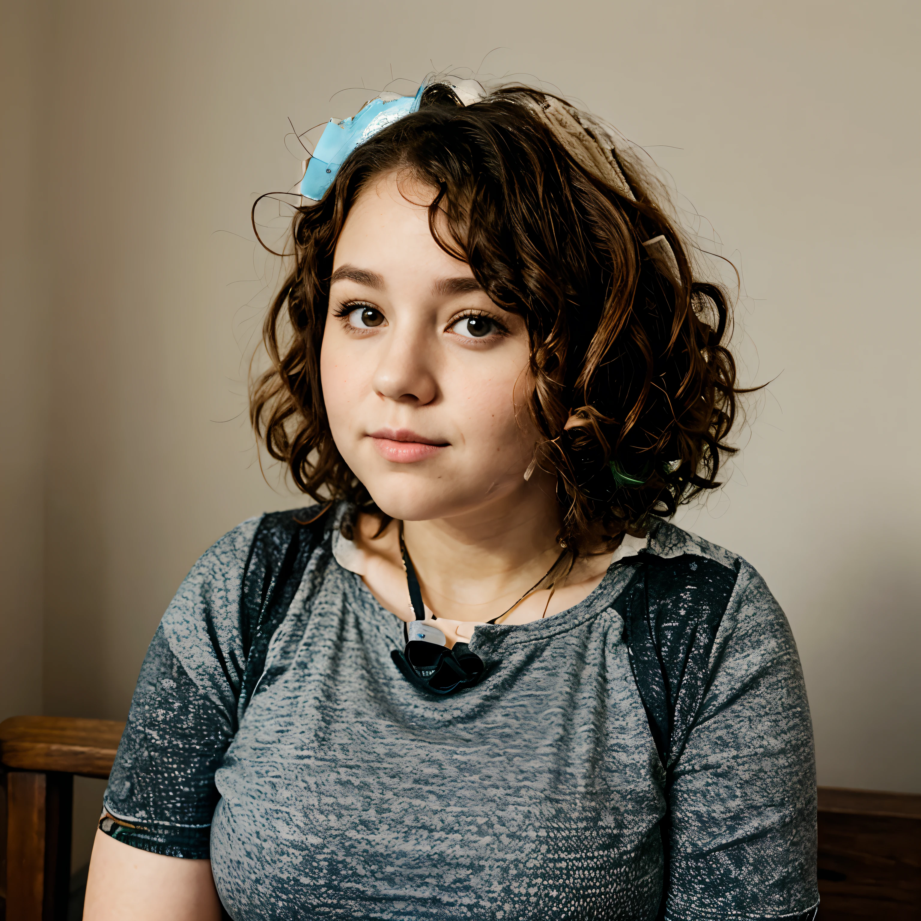 A short girl mugs a little chubby with curly hair