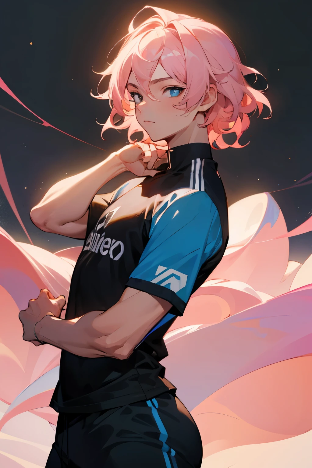 masterpiece, best quality, highres, 1male,young male, wavy hair, short hair, medium breasts, light pink hair, black pupils, bluelock soccer jersey,man bun,