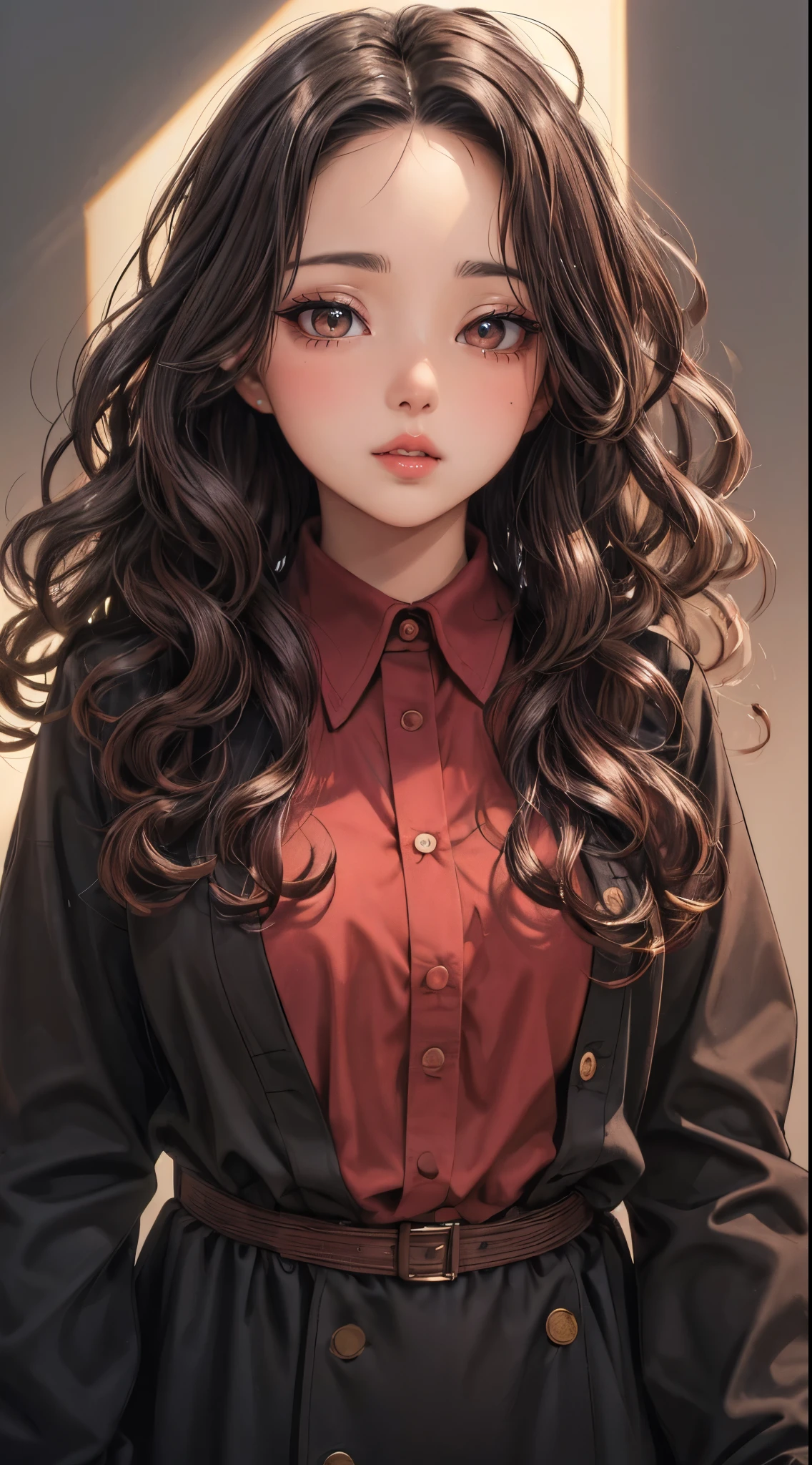 (best quality, masterpiece:1.2), Sketch full view of a hot looking dark brown skin 29 year old woman standing in front of us. She has brown eyes and long curly white hair. She has vampire fangs. She has a nice curve physique. She is wearing a solid slim button long sleeve shirt dress. Shadow background. Sketch. Shading. Lighting.