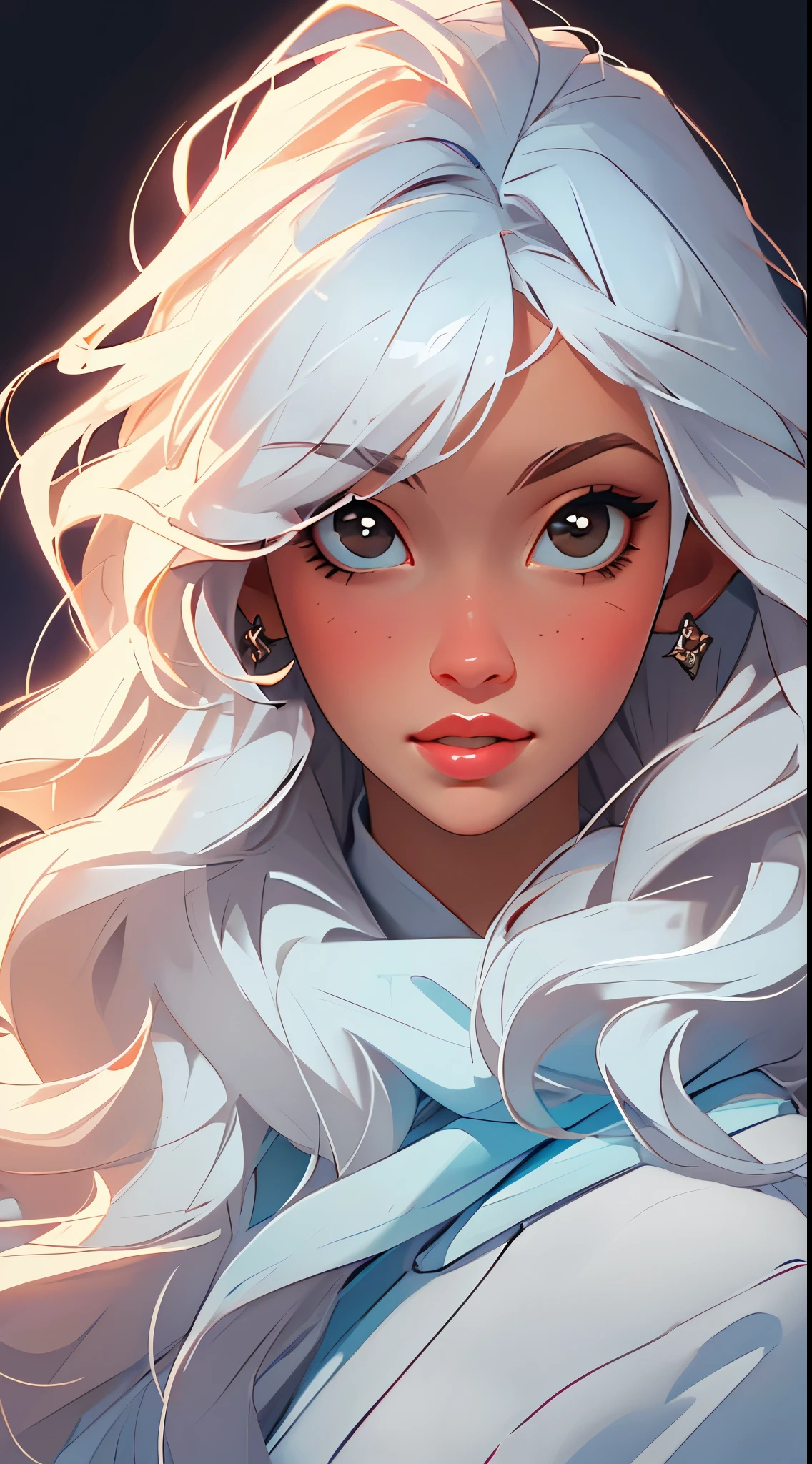 (Masterpiece:1.2), (Best Quality:1.2), night time, (looking a viewer), Bright skin, exteriors, fringe, Long white hair, (Wavy Hair), soft lips, glossy lips, Highly detailed, (semi-realistic:1.2), Flirting