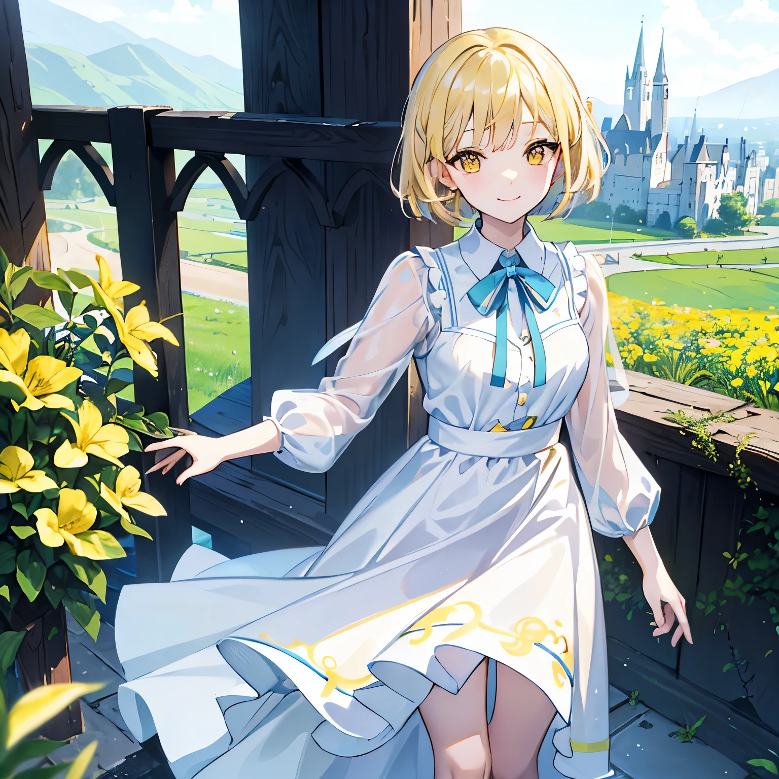 (masterpiece、4K、detailed)cute girl of seventeen years old、(blonde short bob hair、one person、looking at the camera、Beautiful yellow eyes、close up smile、Are standing、cute clothes、blue ribbon、short white dress)、grassland、I can see the castle in the distance