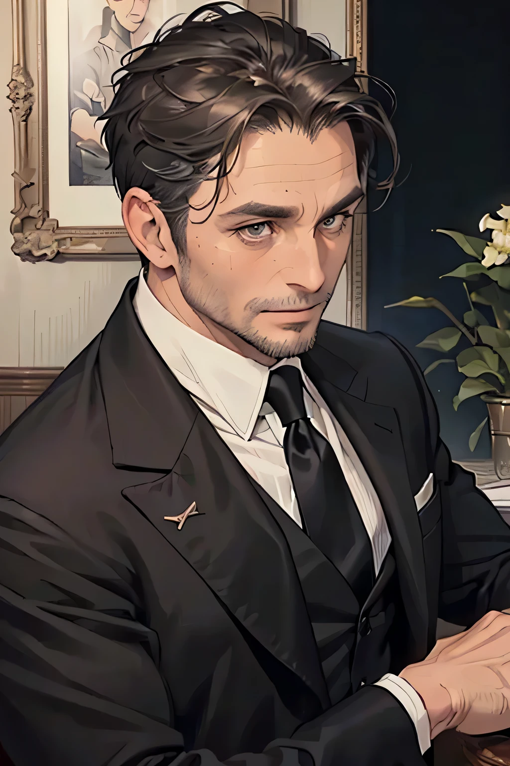 (((one man))), ((((40 year old man)))), (((Wrinkles)))), short hair, Brown hair, hair with graying, grey eyes, squinted eyes, (((sharp facial features)))), classic suit, black gloves, close, tie, black jacket, White shirt, slicked hair, High detail, Smirk, madness, Long face, Sharp, bristle, sharp cheekbones