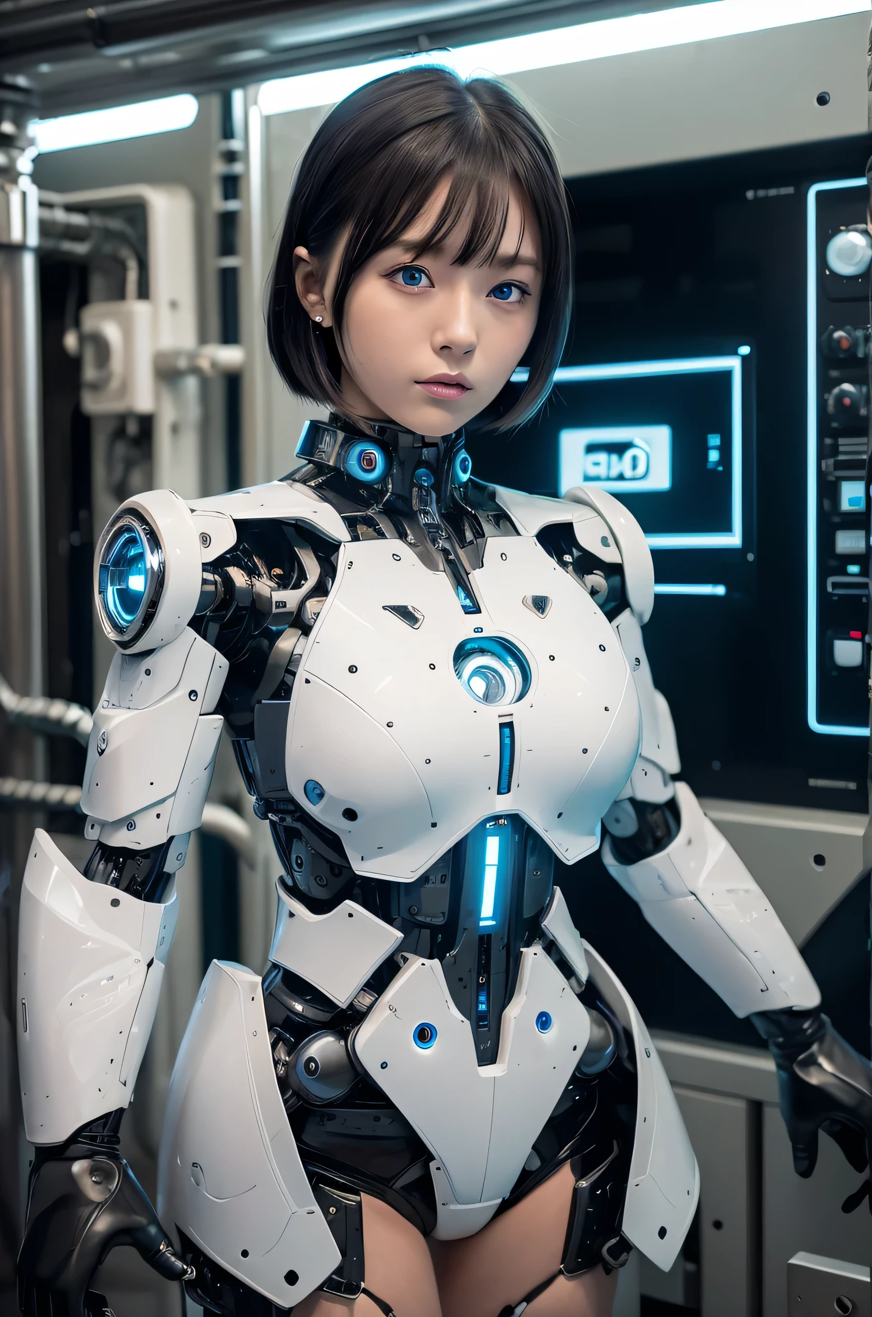 masterpiece, Best Quality, Extremely detailed, 8K Portrait,Japanese android girl,Plump,control panels,android,Droid,Mechanical Hand, ,Robot arms and legs, Black hair,Mechanical body,Blunt bangs,Charging spot,mechanical ear covers,android,robot humanoid,White robot body,mechanical ear covers,White and aqua uniform,aqua accent costume,mittens,blue eyes