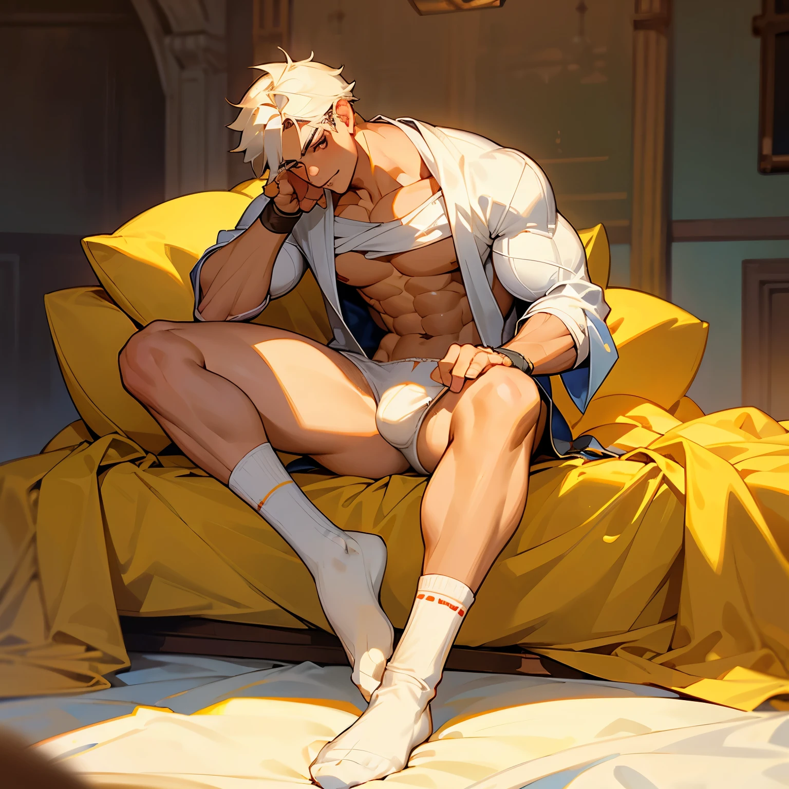 Highest accuracy,full body camera from floor focusing on his feet, A muscular man wearing only plain white panties,Lying on the golden bed merchant,Shirtlesilk is spilled on the body,Lower body erection,Lower body details,Thick pubic hair,The handsome face of youth,The expression is shy,Short white hair, Background details are exquisite,Courtly style, (((sniff my socks pose))) camera from floor, (focus camera on his sock-clad feet)