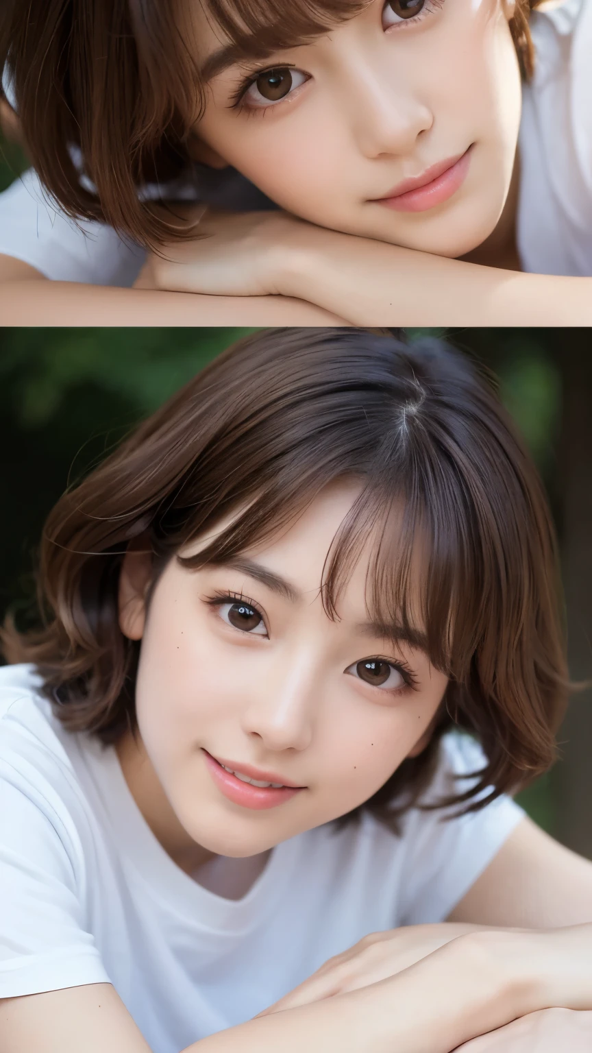 (highest quality,8K quality,masterpiece:1.3,),(超A high resolution:1.3,Photoreal:1.4,RAW photo:1.2),(super detailed:1.2,shiny skin,fine skin:1.1),(detailed face,perfect anatomy,caustics:1.2),park lawn,sleep on your back,1 girl,cute,Japanese,22 years old,japanese id,Natural brown hair,curl short hair outwards,cute目,natural makeup,oversized t-shirt,laughter,look at the camera,On the face,face focus,professional lighting,natural soft light,