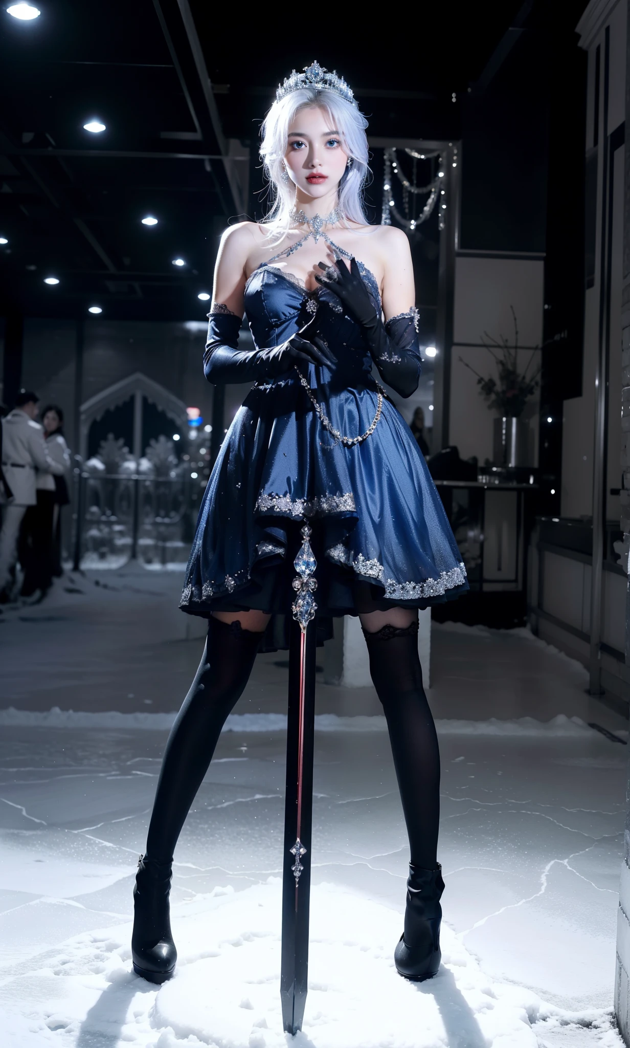 Royal sister，exquisite eyes，Detailed facial expressions body，tall figure，Leg length，4K，HD，translucent lace，Fair and plump figure，pretty face，Little cherry mouth，beautiful and delicious（3D royal sister），exquisite dress，Wear crystal jewelry，Gorgeous crystal gems，Gem and jewelry crown，The color of the picture is very bright，Gorgeous ice and snow princess，Very gorgeous and noble dress，Photo quality，High-end aesthetics，Ornate decoration，Blue pupils are like the starry sky，apply lipstick，goddess，Breasts are big，Wear black gloves，Fingers neat，five fingers straight，A sword，Wear high heel boots