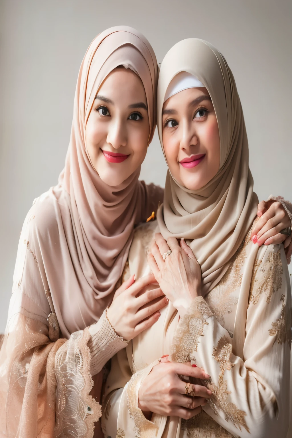 two women in hijabs are posing for a picture, woman holding another woman, mother, shutterstock, portrait of women embracing, hijab, old and young, 7 0 mm portrait, 60mm portrait, high quality portrait, muslim, in modern era, two women, lovely woman, modest, heartwarming, inspired by Nazmi Ziya Güran, beautiful women