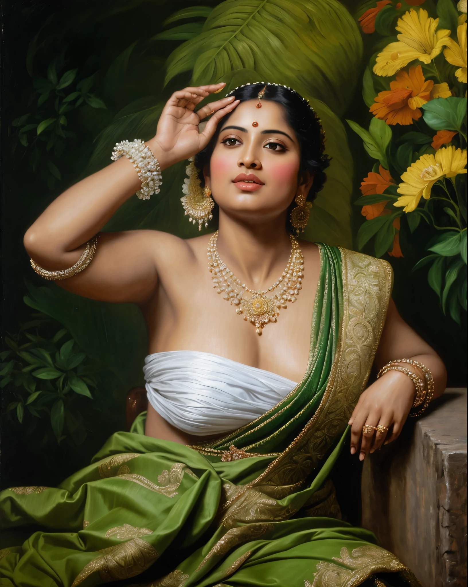 Beautiful Indian Woman, wearing saree, sari Beauty, gorgeous, Apsara, Maharani, royal queen woman, nymph from Hindu Mythology, Urvashi, matchless beauty, Highly detailed, Oil Painting by Peter Paul Rubens inspired by Raja Ravi Varma, Matchless beauty, captivating, gorgeous, heavenly beauty, celestial beauty, by Peter Paul Rubens, 13, realistic, hyper realistic, micro details, incredible artwork, insane details, ultra High resolution, 8k, 32k, acrylic on canvas, intricate, flawless, detailed, detailed face, detailed eyes, masterpiece, by Peter Paul Rubens, by Caravaggio, by William Adolphe bouguereau, perfect face, perfect body, beautiful art, realism, baroque, renaissance Art, highly textured, beautiful and detailed eyes, uhd, best quality,
