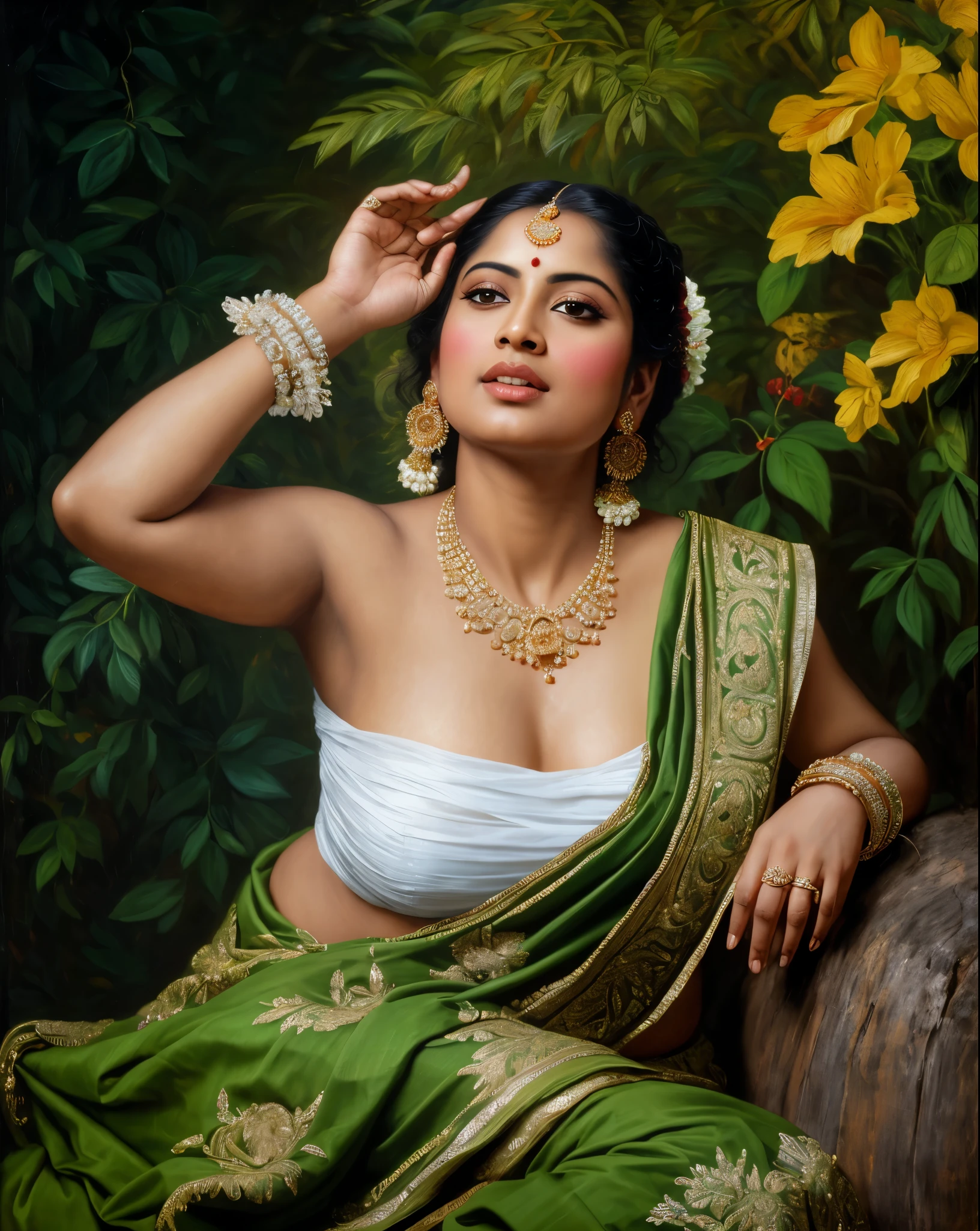 Beautiful Indian Woman, wearing saree, sari Beauty, gorgeous, Apsara, Maharani, royal queen woman, nymph from Hindu Mythology, Urvashi, matchless beauty, Highly detailed, Oil Painting by Peter Paul Rubens inspired by Raja Ravi Varma, Matchless beauty, captivating, gorgeous, heavenly beauty, celestial beauty, by Peter Paul Rubens, 13, realistic, hyper realistic, micro details, incredible artwork, insane details, ultra High resolution, 8k, 32k, acrylic on canvas, intricate, flawless, detailed, detailed face, detailed eyes, masterpiece, by Peter Paul Rubens, by Caravaggio, by William Adolphe bouguereau, perfect face, perfect body, beautiful art, realism, baroque, renaissance Art, highly textured, beautiful and detailed eyes, uhd, best quality,