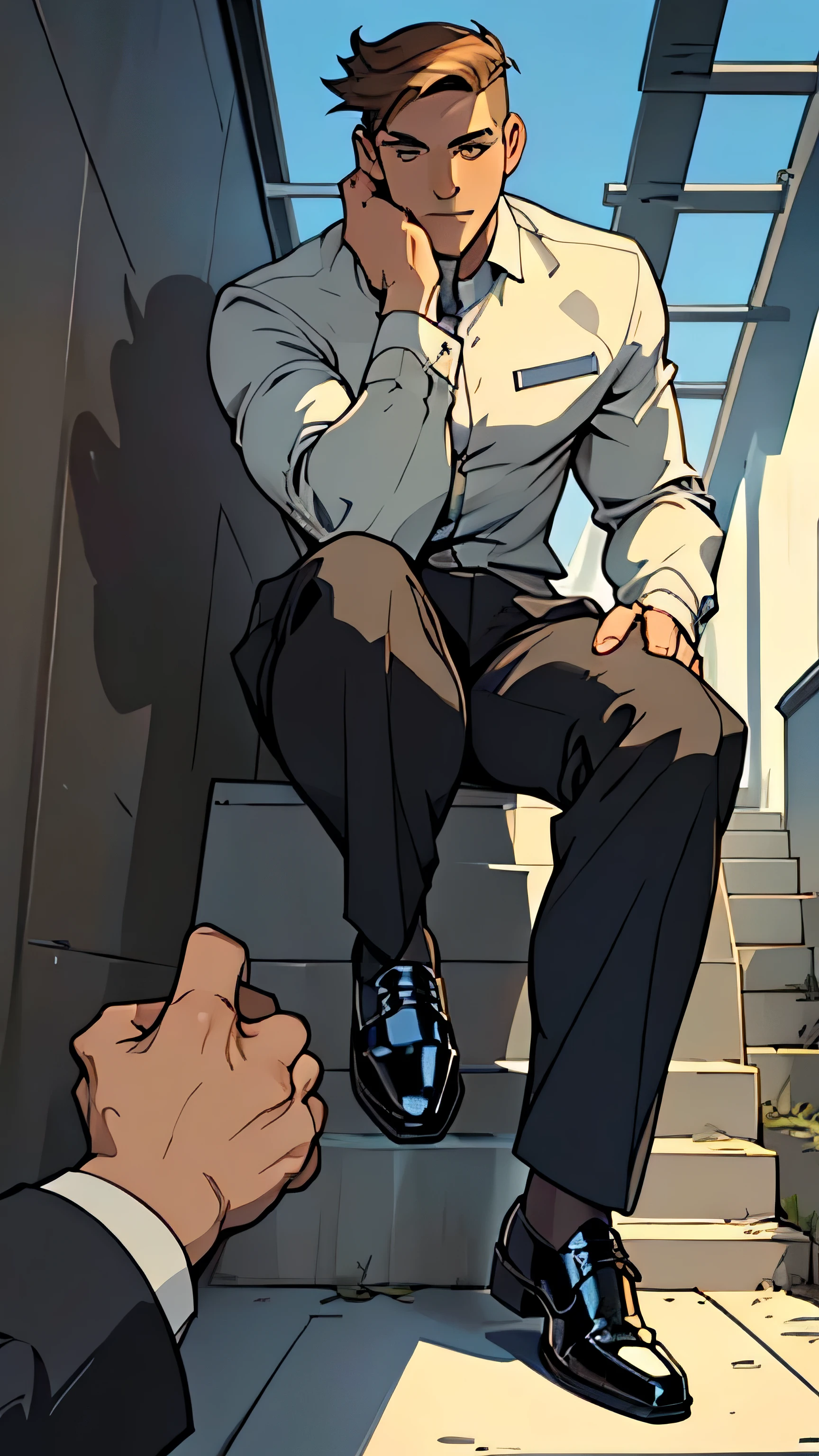 1boy,focus boy,mature man, showing his oxford shoes, shoe teasing (((POV on his shiny shoes))), tall, long legs, dominating pose, alpha male, very detailed, flat colors, wants someone to lick his shoes