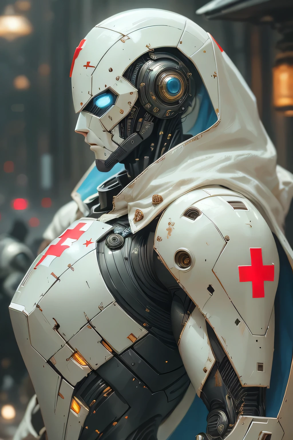 (best quality,highres:1.2),futuristic man templar armor,white mechanical suit with a (massive red cross on torso:1.2),ultra-detailed suit design,shiny metal texture,dark background,glowing blue accents,emblematic symbols,imposing and powerful appearance,expressionless face,helmet with visor open to reveal intense eyes,shield in the back,sharp focus on armor details,professional artwork,sci-fi concept art,stark and contrasting color palette,strong studio lighting,bokeh effect.