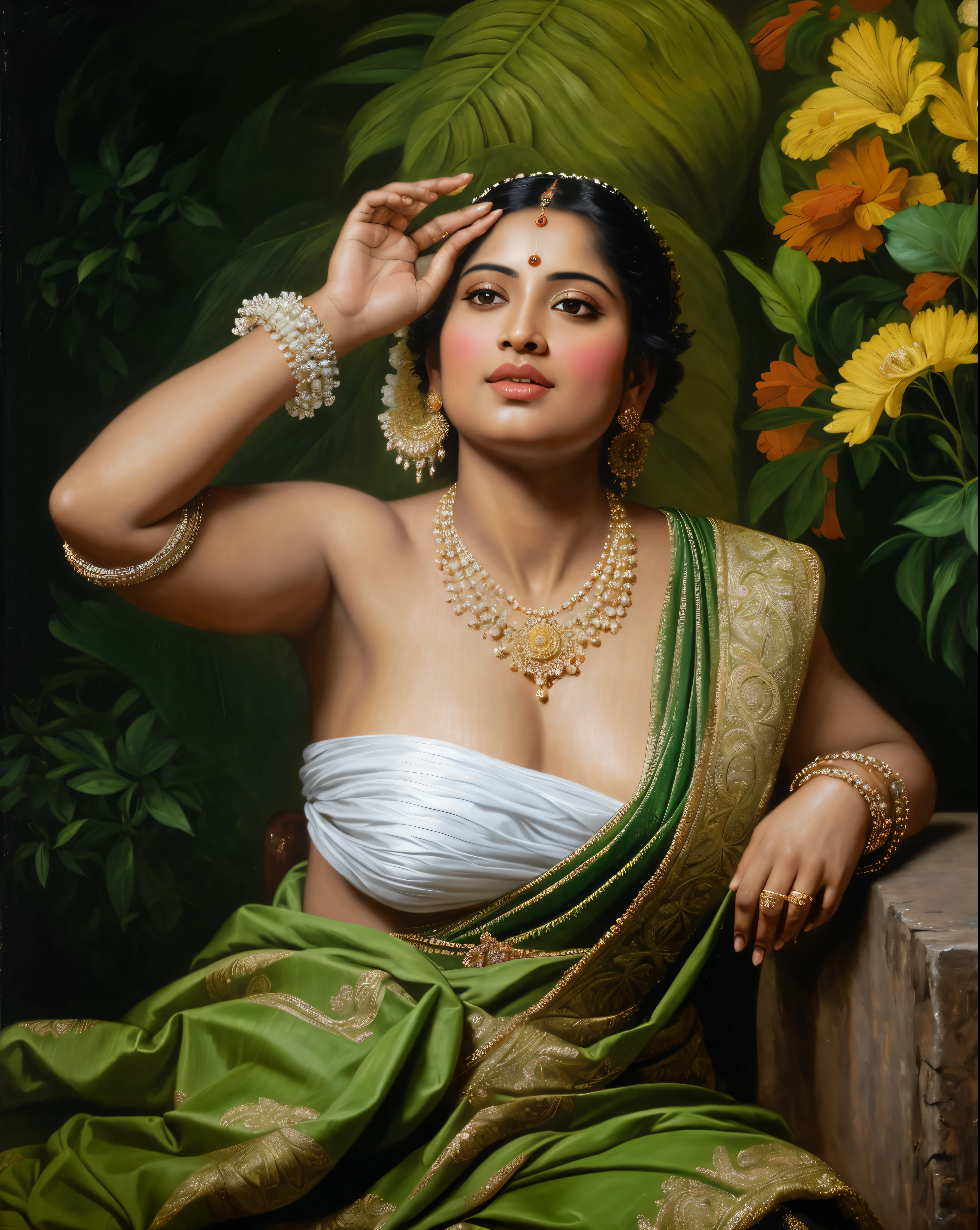 Beautiful Indian Woman, wearing saree, sari Beauty, gorgeous, Apsara, Maharani, royal queen woman, nymph from Hindu Mythology, Urvashi, matchless beauty, Highly detailed, Oil Painting by Peter Paul Rubens inspired by Raja Ravi Varma, Matchless beauty, captivating, gorgeous, heavenly beauty, celestial beauty, by Peter Paul Rubens, 13, realistic, hyper realistic, micro details, incredible artwork, insane details, ultra High resolution, 8k, 32k, acrylic on canvas, intricate, flawless, detailed, detailed face, detailed eyes, masterpiece, by Peter Paul Rubens, by Caravaggio, by William Adolphe bouguereau, perfect face, perfect body, beautiful art, realism, baroque, renaissance Art, highly textured, beautiful and detailed eyes, uhd, best quality,