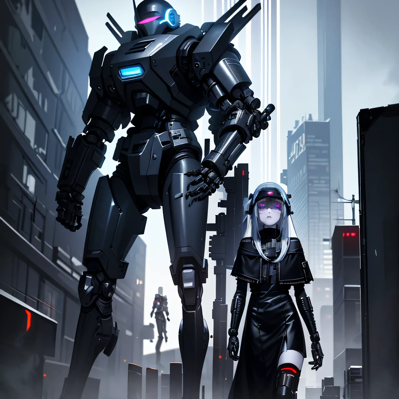 dark cyberpunk, ((character sheet list)), (concept arts), knee length portrait, gloomy mechanized girl, mechanical body, steel cloak, pale skin, (ash skin), (blue visor), long messy hair, noise color hair, open shoulders, mechanical helmet, (cyberpunk setting), black oil liquids, smog, cold lights, highly detailed, extremely detailed