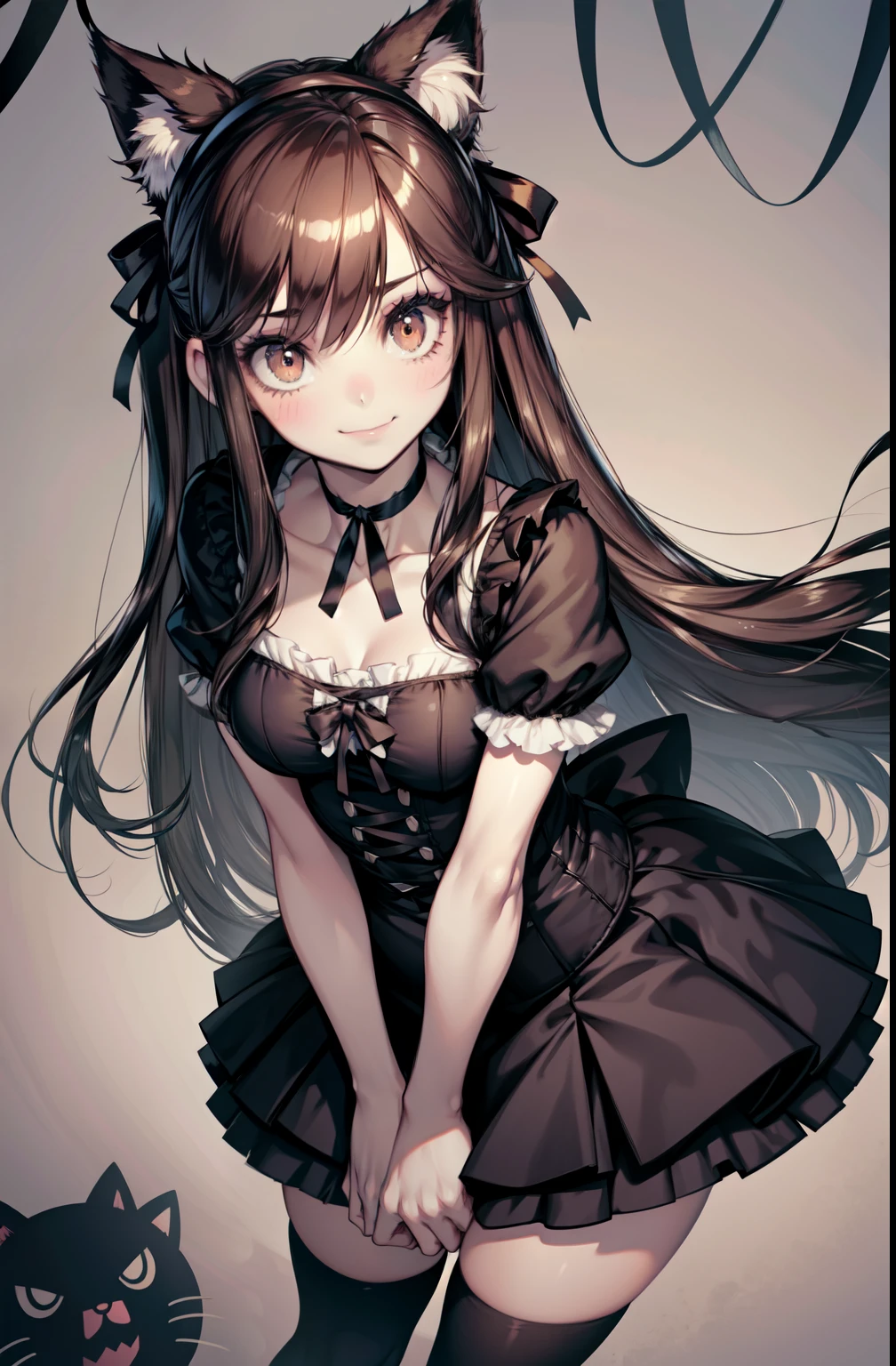 very young slim fit girl, at full height, rounded face, very long disheveled dark brown hair, big brown eyes, shy smile, perfect flat breast, band on head with fake cat ears, gothic lolita, parororo, short sleeves, choker, bows, ribbons, close tight microdress, very short dress, a strand of hair from the bangs hangs between the eyes, accurate small snub nose