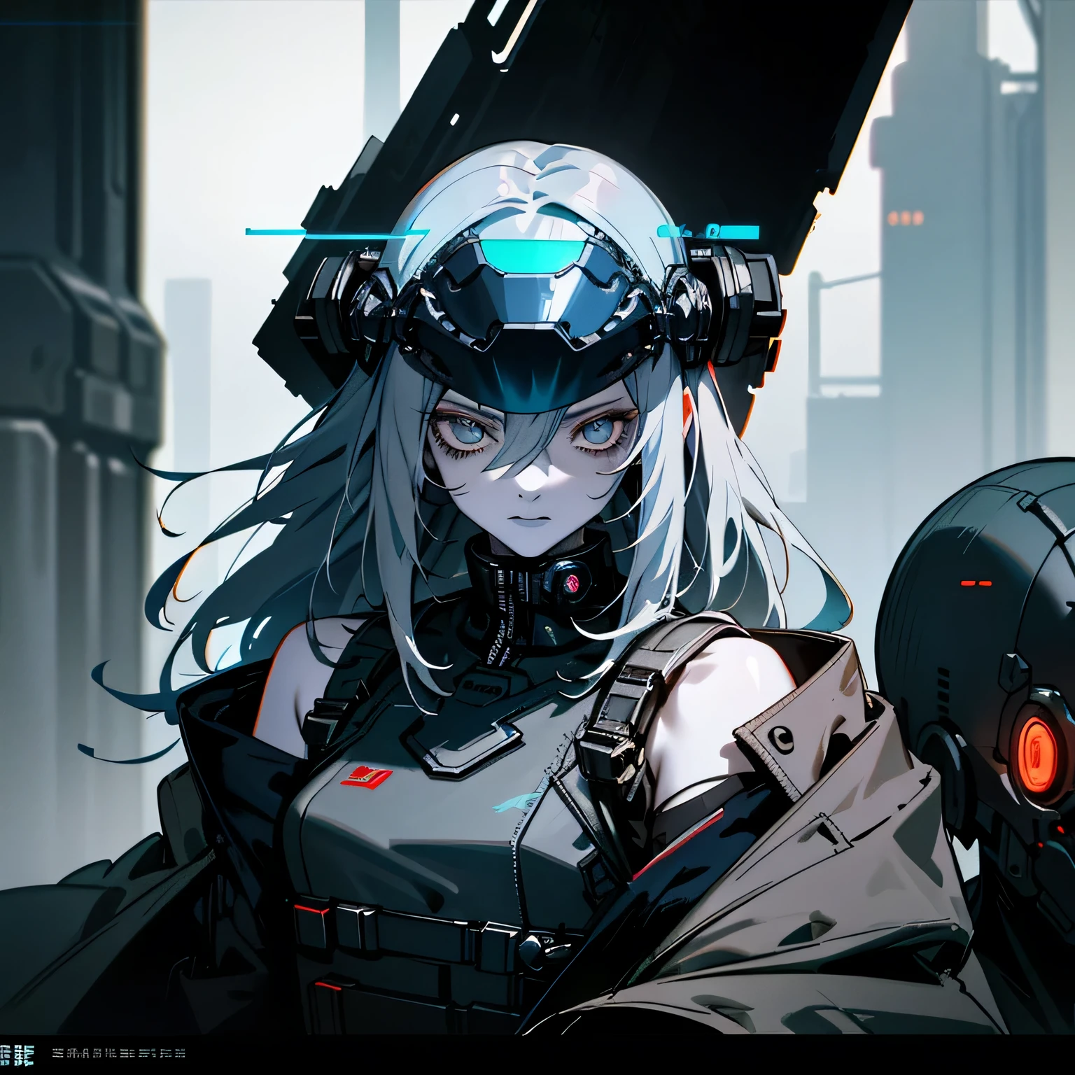 dark cyberpunk, ((character sheet list)), (concept arts), knee length portrait, gloomy mechanized girl, mechanical body, steel cloak, pale skin, (ash skin), (blue visor), long messy hair, noise color hair, open shoulders, mechanical helmet, (cyberpunk setting), black oil liquids, smog, cold lights, highly detailed, extremely detailed