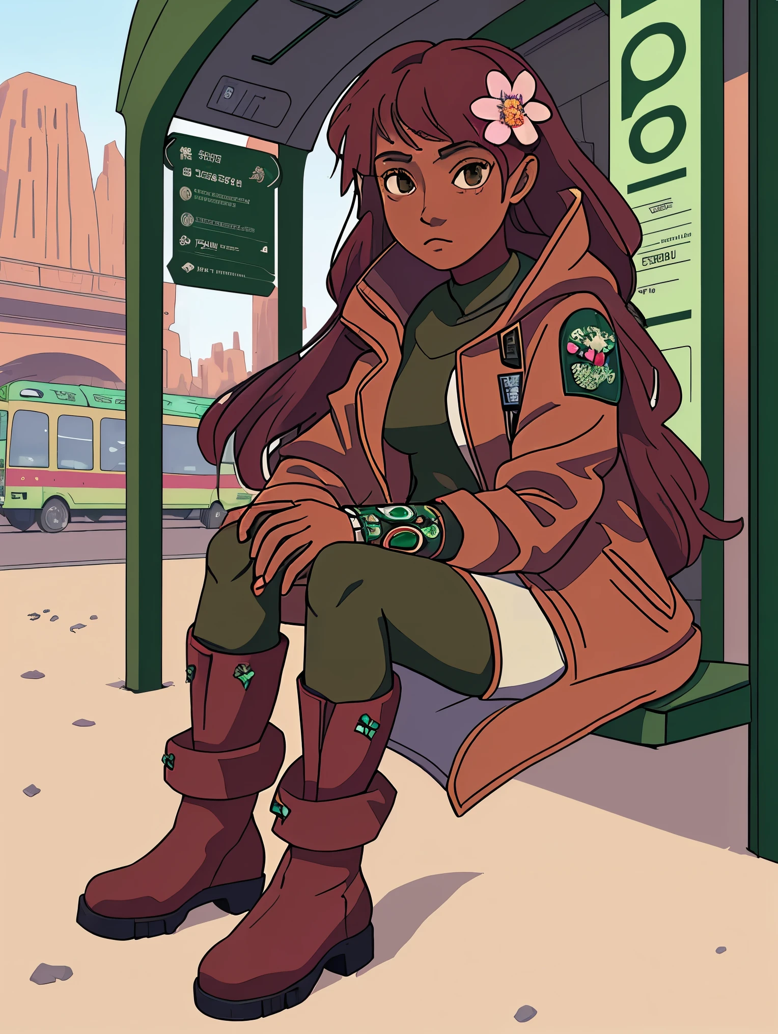 Shy and intelligent native girl and heiress of emerald power from ancient indigenous guardian clan futuristic version cyberneutral good, brown skin hands with discreet mystical spots, with and casual jacket flower details and reddish suede boots, sitting on a bench in the square/bus stop and in the background commerce and high bridge suspended in a futuristic subway arch in a city with a desert setting. 4k