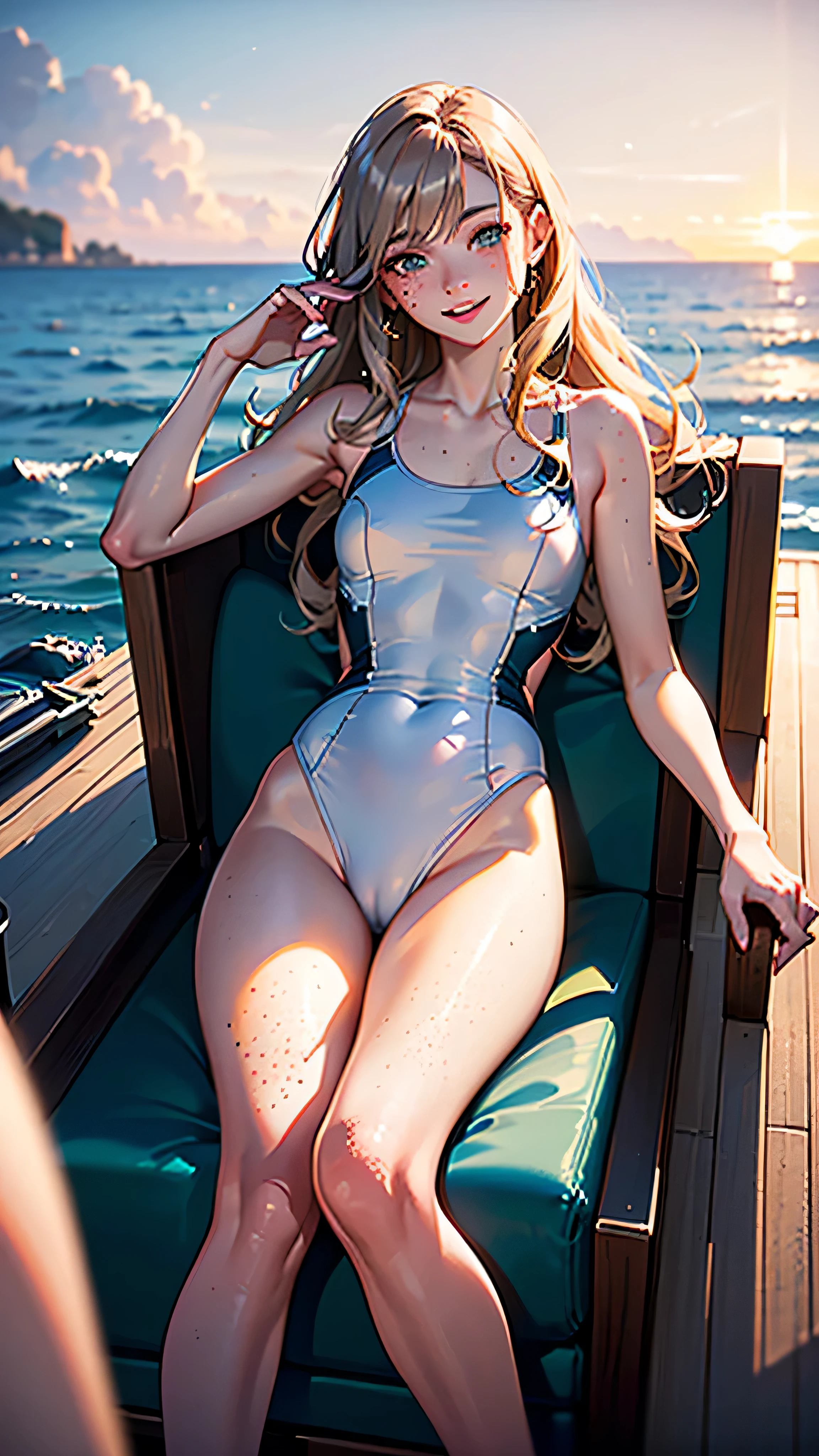 (masterpiece), (extremely intricate:1.3), (realistic), athletic girl, ((seafoam swimsuit, ((ocean, lounging, openlegs, openlegs, yacht, gray sunchair, boat, playful, smiling, leaning back)))), metal reflections, outdoors, intense sunlight, professional photograph of a stunning woman detailed, (blonde straight wind blown hair, dynamic pose), sharp focus, dramatic, award winning, cinematic lighting, volumetrics dtx, ((film grain, blurry background, blurry foreground, bokeh, depth of field, sunset, interaction, ([flat chest:medium breasts:0.7])), freckles:0.7, looking away), 8K