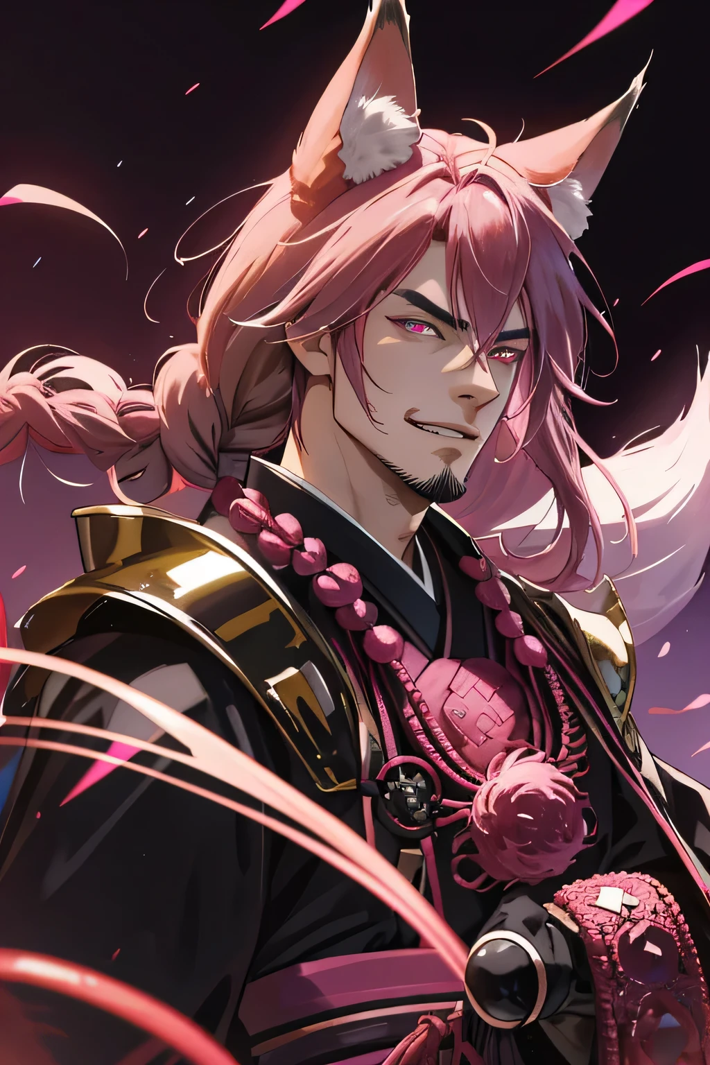 older male,fox ears,fox tails,dark pink hair long braid,black japanese armor,bead bracelet,glare,dark pink eyes,japanese palace,dark,lights,dragon tattoo,evil grin,beard stubble,distant