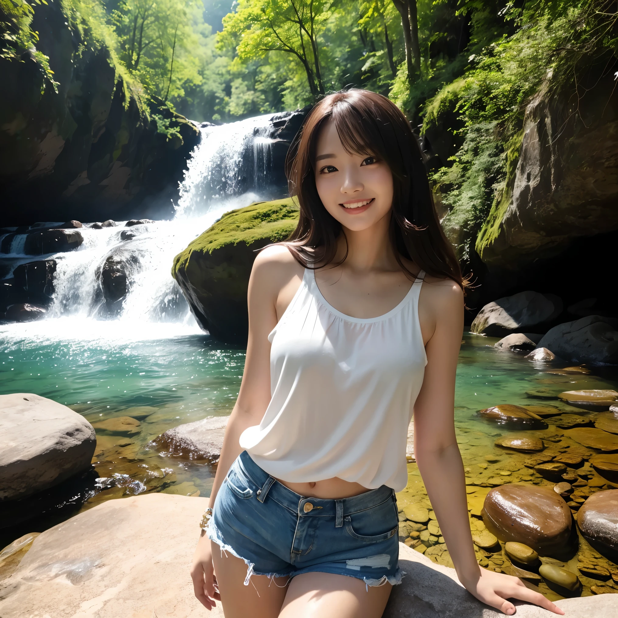 (highest quality、masterpiece、8K、Highest image quality、hyper realism、Award-winning work)、(1 woman:1.3)、(Photographs of people:1.3)、outdoor cap、(Feminine tank top shirts for women:1.1)、(Cute girly tank top shirt:1.1)、(Damage shorts:1.1)、standing elegantly、huge waterfall、beautiful spectacular waterfall、Sparkling water、Light fog、blurred background、detailed and intricate forest、In a mysterious and majestic forest、many beautiful trees々、big rock、rock wall、Majestic nature、A woman in the majestic forest、beautiful sunlight filtering through the foliage、beautiful clear water、the biggest smile when you look at me、upper body photo、accurate anatomy、natural makeup、Super high-definition glossy skin、Super high-definition glowing beautiful skin、Ultra high definition glossy lips、Super high definition beautiful teeth
