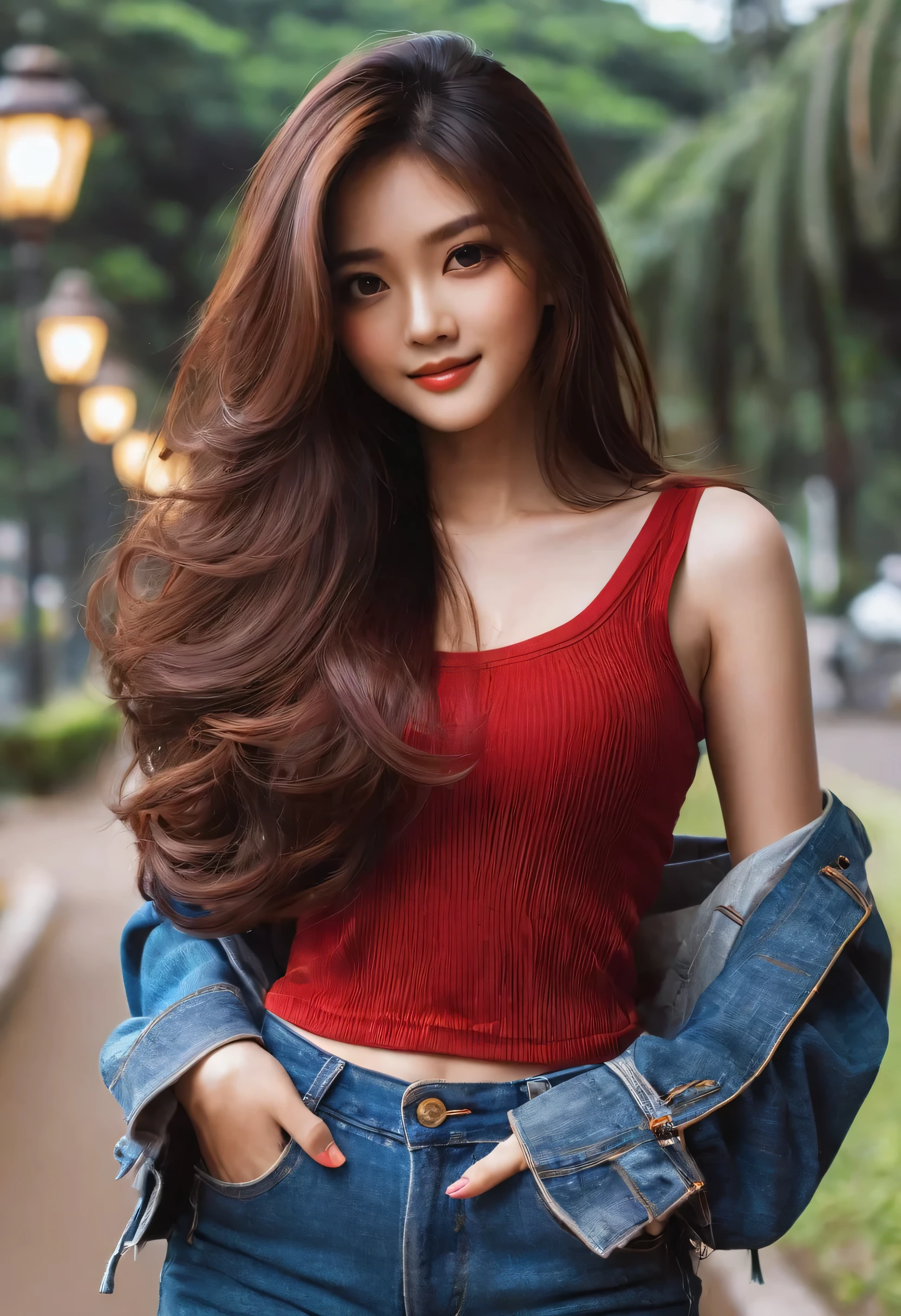 a close up of a woman wearing a red top and jeans, beautiful girl model, asian girl with long hair, beautiful model girl, beautiful asian girl, with long hair, very beautiful girl, ig model | artgerm, cute beautiful, long hair and red shirt, anime thai girl, attractive girl, asian girl, appealing long hair, lovely woman