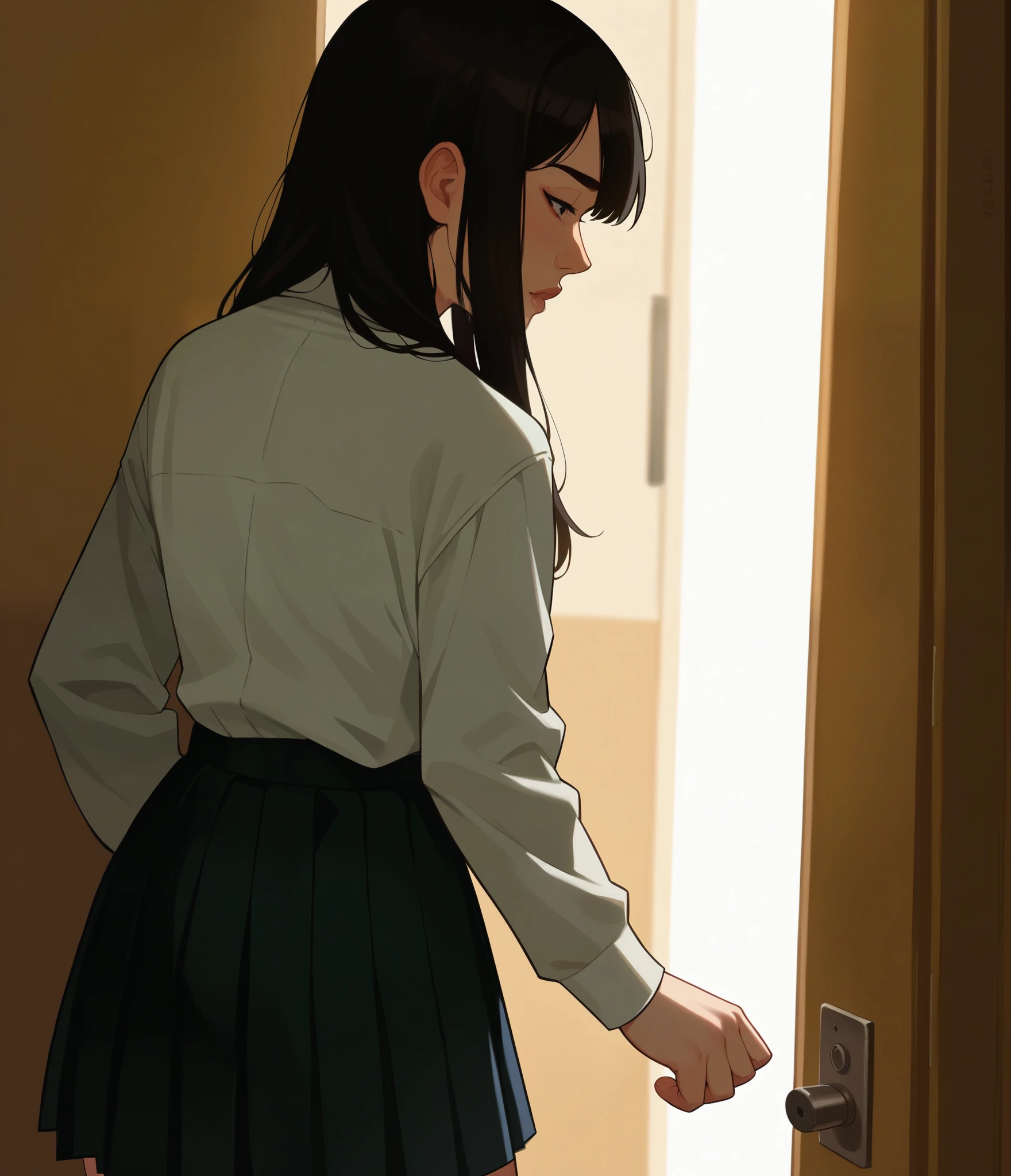 score_9, score_8_up, score_7_up, score_6_up, BREAK, standing with her back to the viewer, 1 girl, dark hair, long strands, solo, short black pleated skirt, shoes, hands at the door