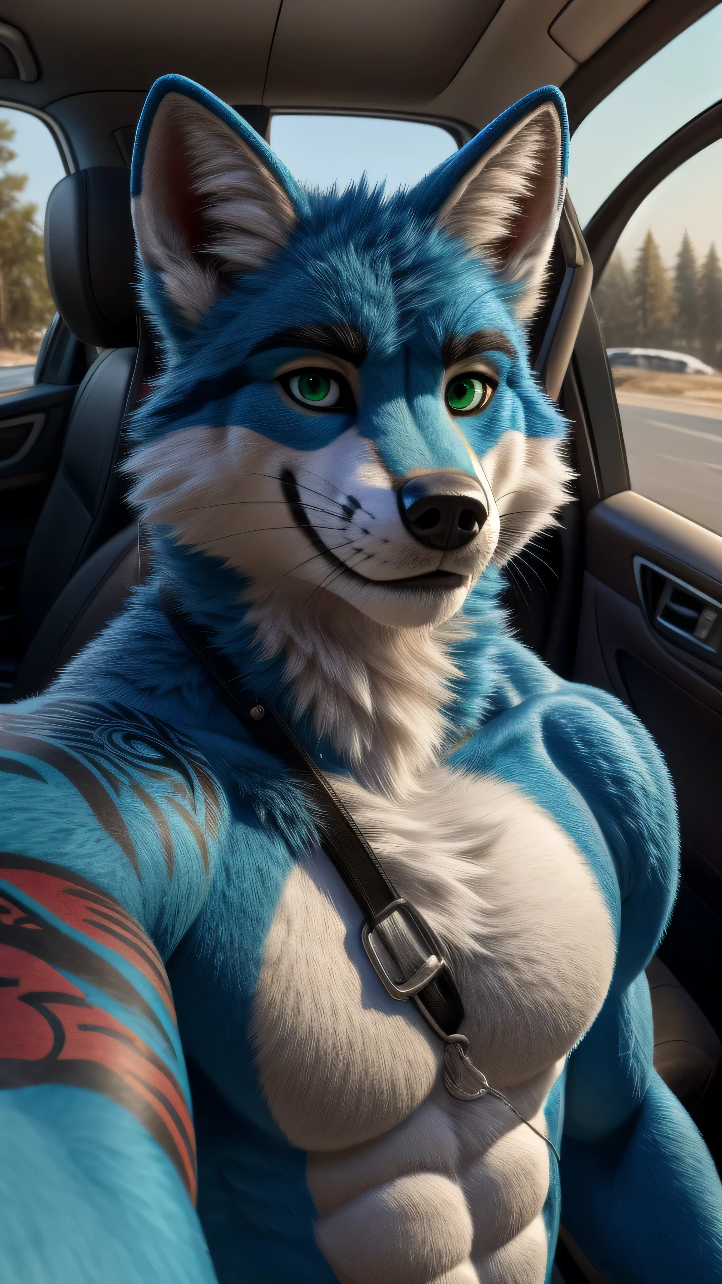 A muscular male american fox fursuit with tattoos alone in the car stroking his penis with one hand with his best friends back there looking at the viewer with serious expression green eyes and blue fur, low-angle-view, presenting penis, canine penis, knot, penis focus, stroking penis, masturbating,