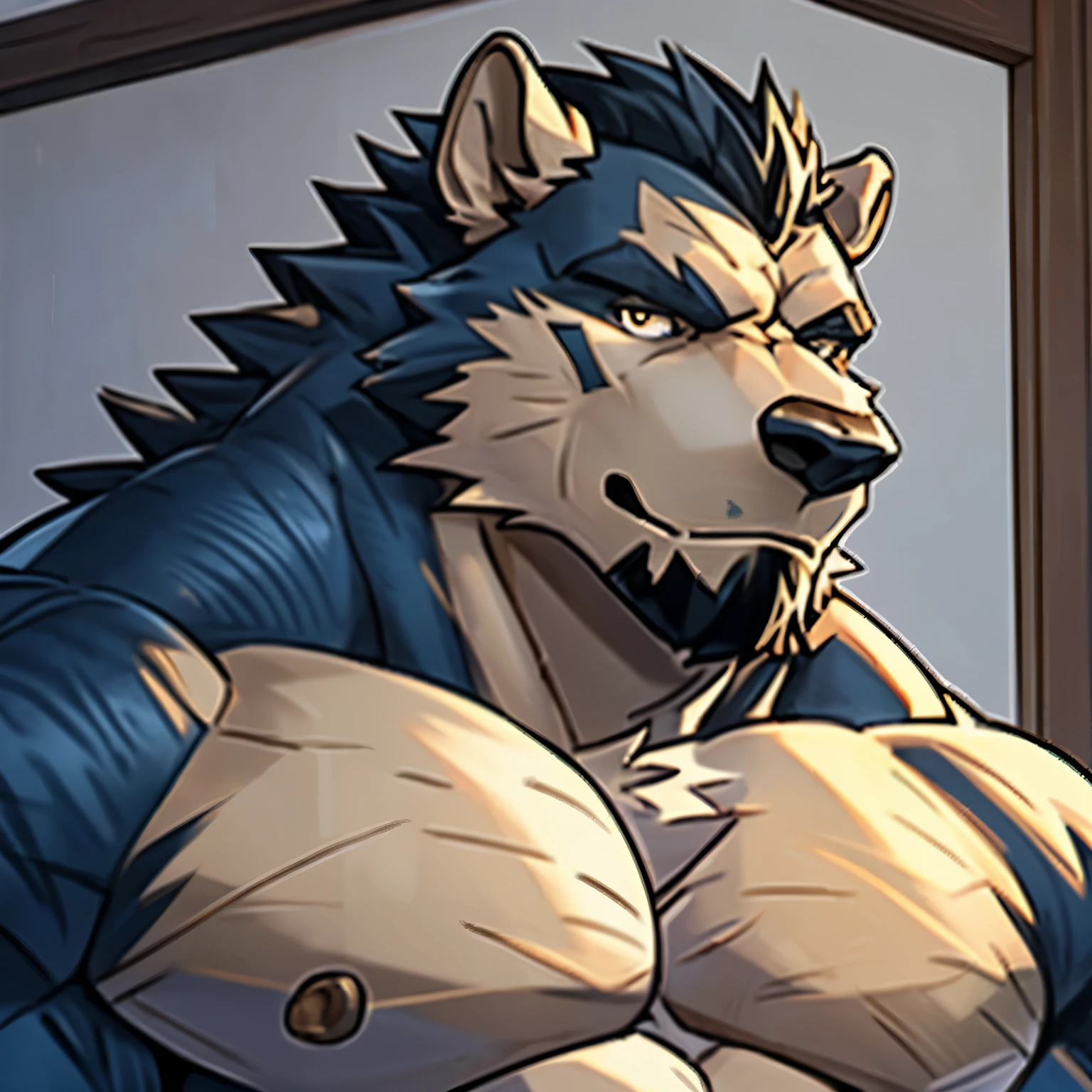 Alone, ORCBEAR, Male, muscle, intestinal muscle, big belly, calnçan, large, Male mature, old. (((naked, facing viewer, bust portrait)))