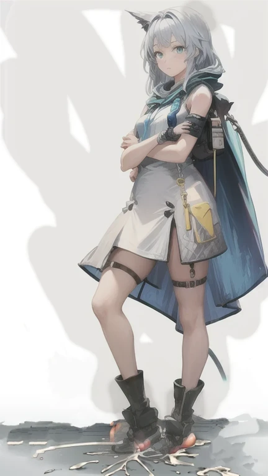 1girl, standing, pose same copy, fist close, no fingers divide, fix her ear, fix her boots