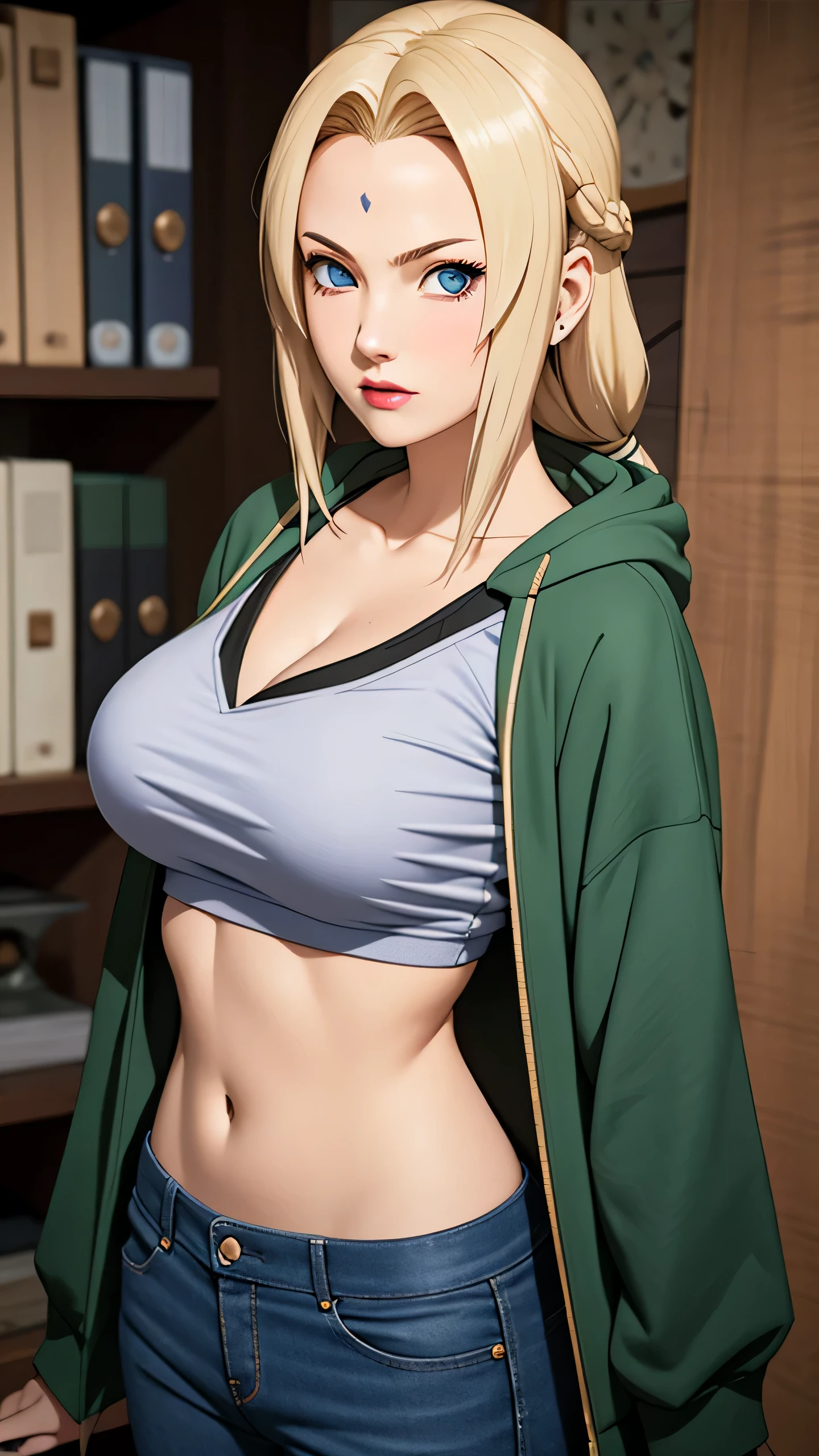 masterpiece, best quality, ultra-detailed, 1girl, big tits, sexy,  upper body, long hair, blonde hair, french braid, blue eyes, blunt bangs, Wearing Streetwear Hoodie, stylish, medium breast, cool attitude looking at viewer, Tsunade \(shippuden\