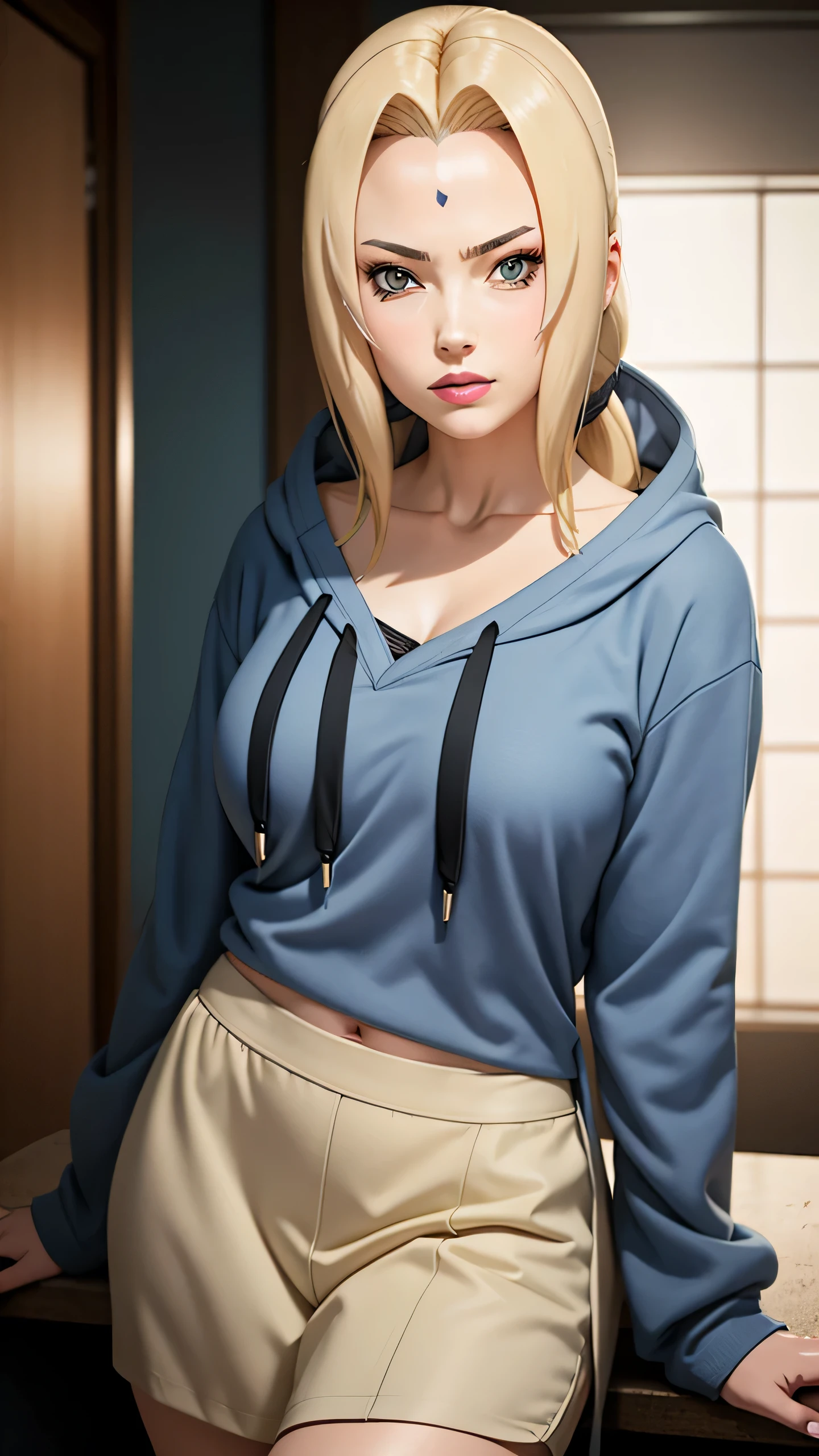 masterpiece, best quality, ultra-detailed, 1girl, upper body, long hair, blonde hair, french braid, blue eyes, blunt bangs, Wearing Hoodie blue and white Nike, stylish, medium breast, cool attitude looking at viewer, Tsunade \(shippuden\)