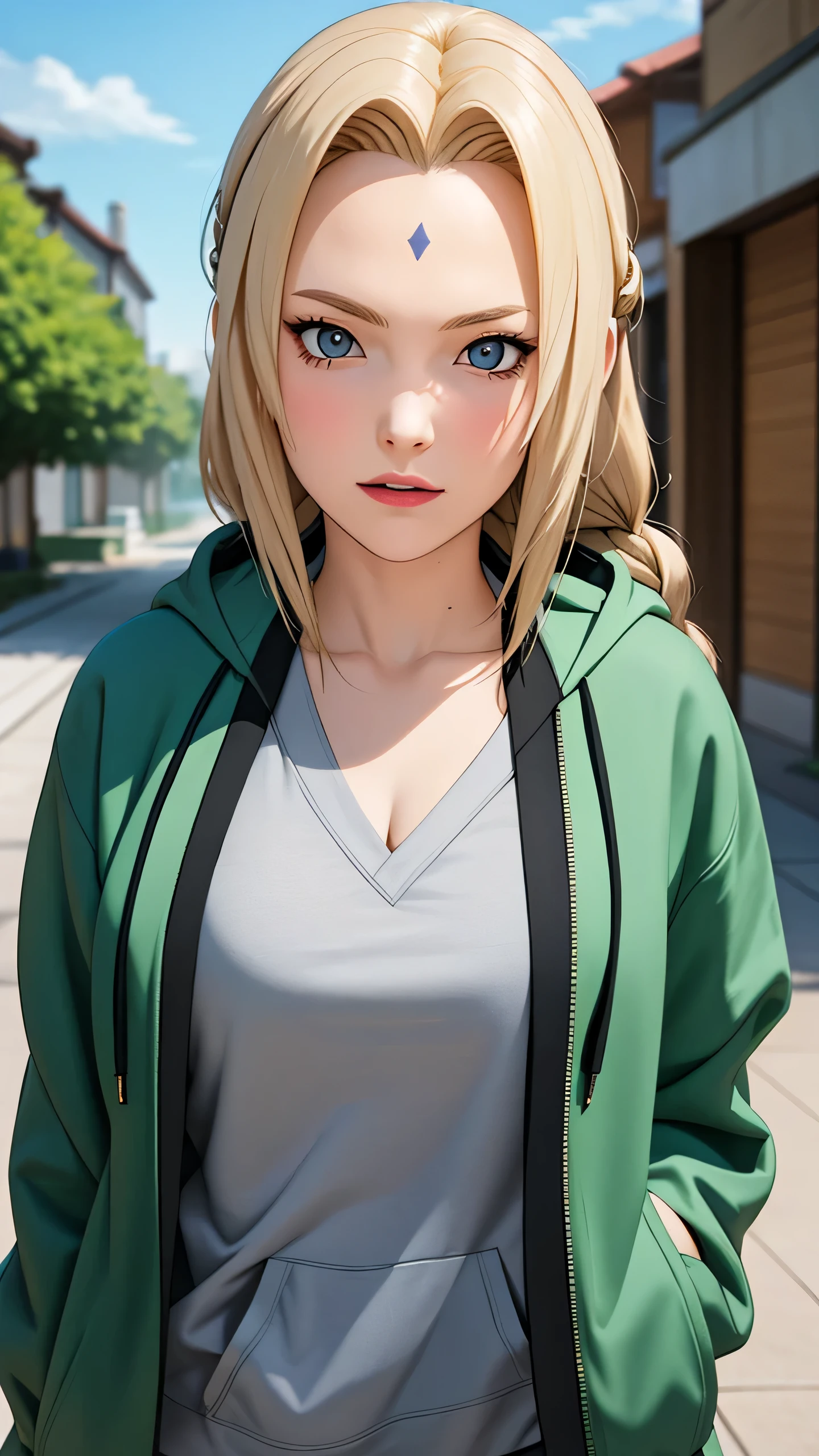 masterpiece, best quality, ultra-detailed, 1girl, upper body, 
long hair, blonde hair, french braid, blue eyes, blunt bangs, 
Wearing Streetwear Hoodie, stylish,
medium breast, cool attitude 
looking at viewer, Tsunade \(shippuden\)