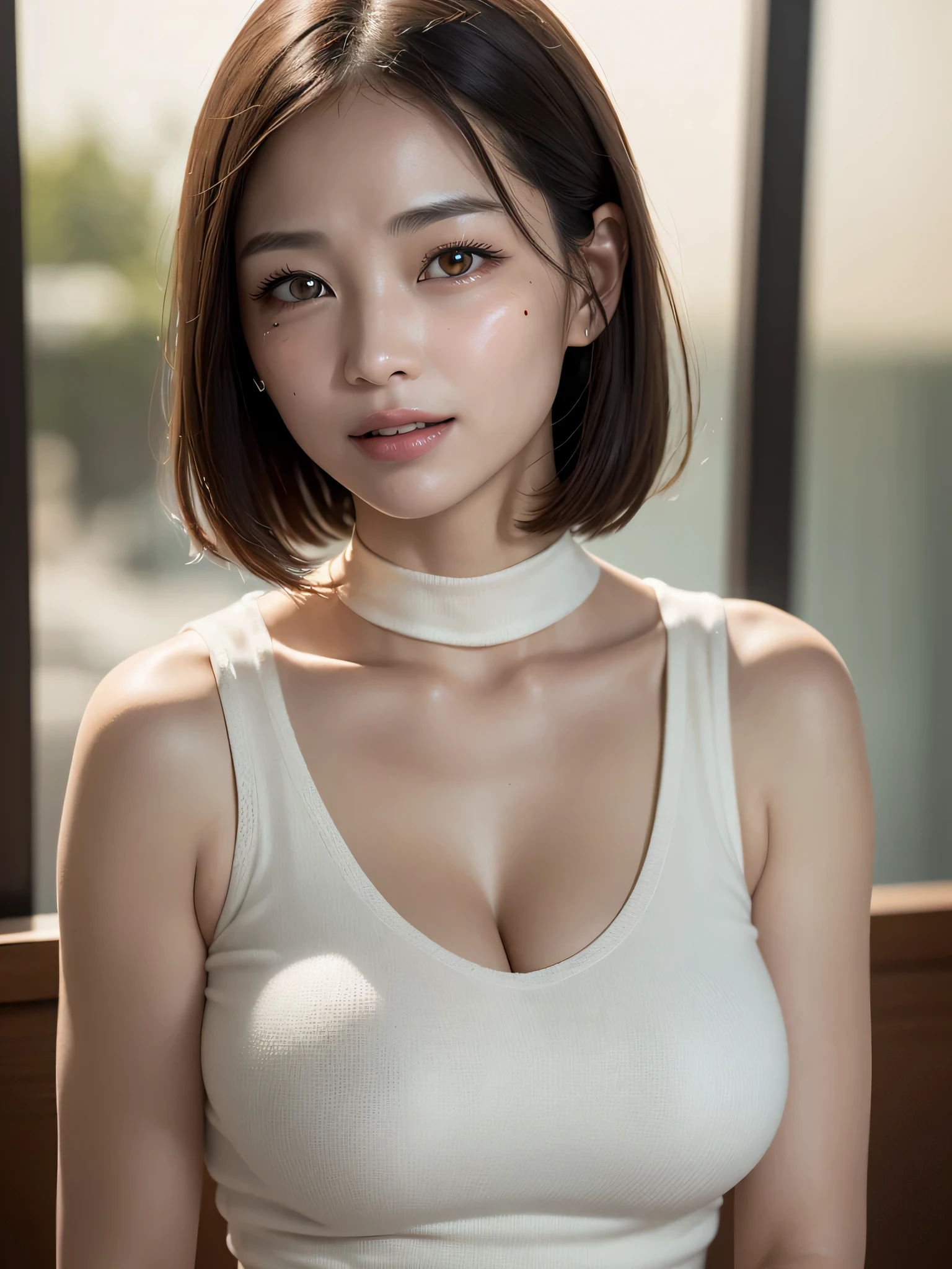 table top, highest quality, Photoreal, finely, High resolution, 8k wallpaper, perfect dynamic composition, big beautiful eyes, round face、one female、(((wolf cut))), big and full breasts, random sexy pose,chest to chest、(Mock Neck Crop Tank Top White Knit、cleavage looks real)、(Breast bulge 1.2)、laughter、open your mouth、resort scenery、(((42 years old)))、(droopy eyes 1.4)、 beauty、Japanese、(mole under left eye、Blackhead on the right side of the mouth)、professional movie lighting,（anatomically correct),(oily skin:1.5)