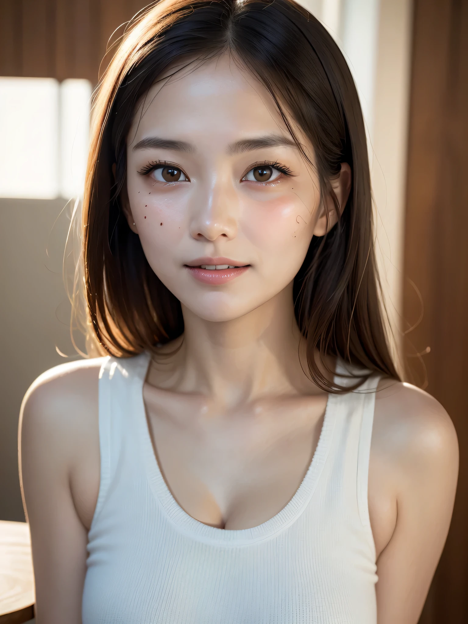 table top, highest quality, Photoreal, finely, High resolution, 8k wallpaper, perfect dynamic composition, big beautiful eyes, (round face:1.5)、one female、(((wolf cut))), big and full breasts, random sexy pose,chest to chest、(Mock Neck Crop Tank Top White Knit、cleavage looks real)、(Breast bulge 1.2)、laughter、open your mouth、resort scenery、(((42 years old)))、(droopy eyes 1.4)、 beauty、Japanese、(mole under left eye、Blackhead on the right side of the mouth)、professional movie lighting,（anatomically correct),(oily skin:1.5)