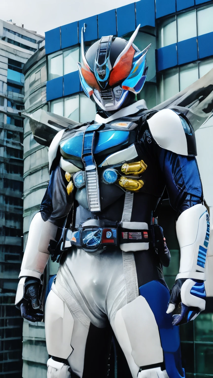 Kamen Rider Recon, blue and white future cyborg motif, background in 2050 on top of a building in the morning