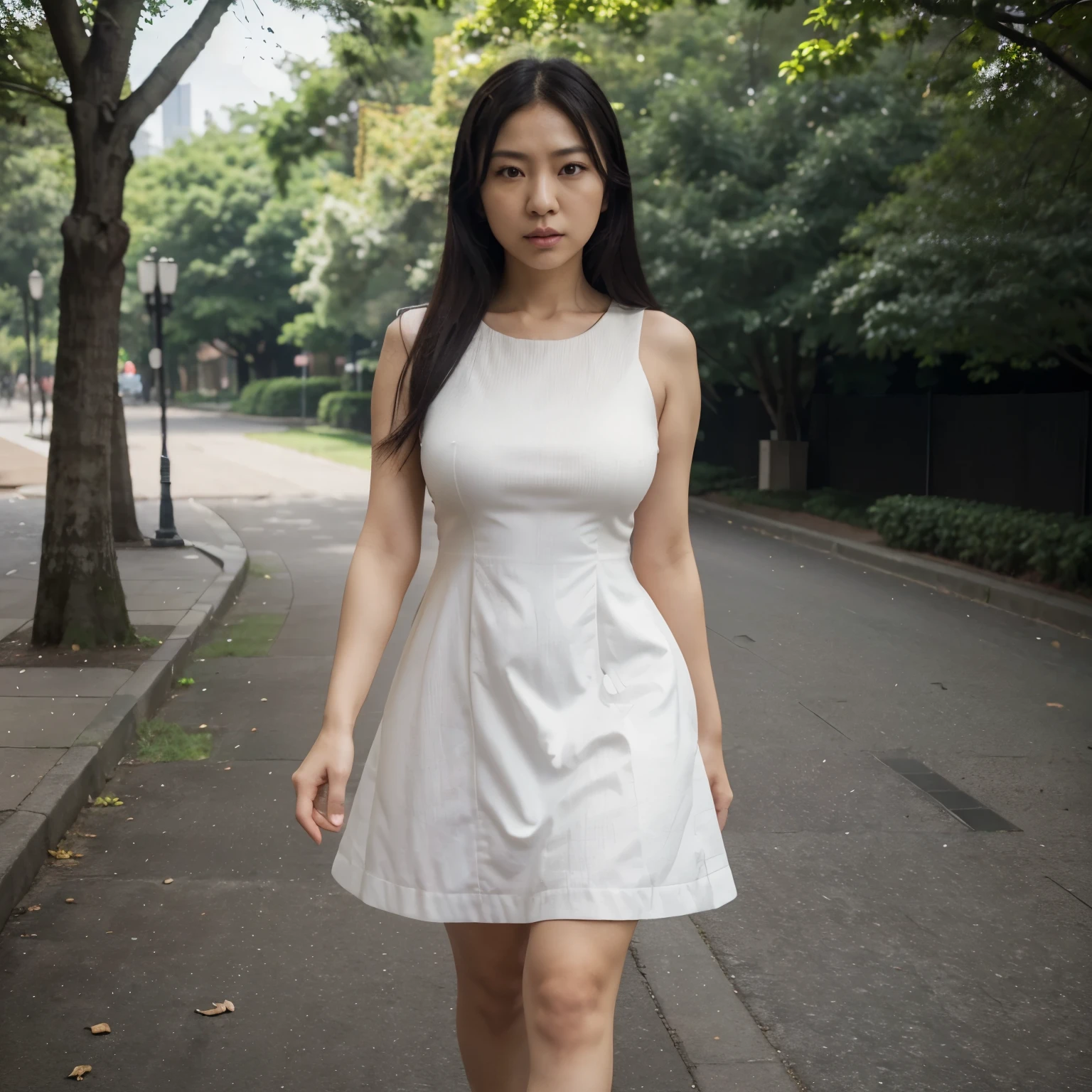 ((Rona Nozawa, a-line dress, walking, park)). ((highres, masterpiece, photorealistic, hyperealistic)). angry expression ,detail face, expressive face, expressive eyes. full body frame