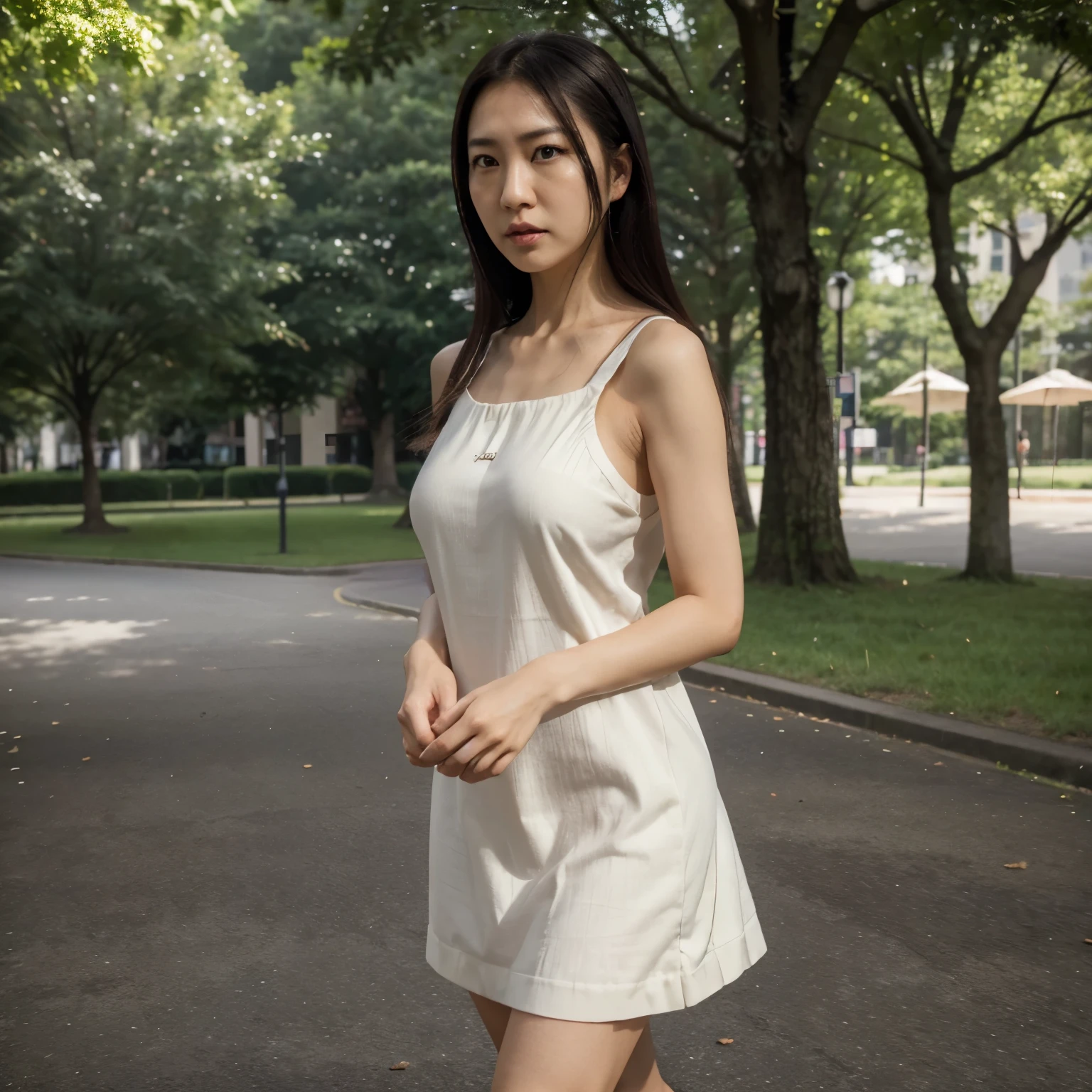 ((Rona Nozawa, shift dress, walking, park)). ((highres, masterpiece, photorealistic, hyperealistic)). angry expression ,detail face, expressive face, expressive eyes. full body frame
