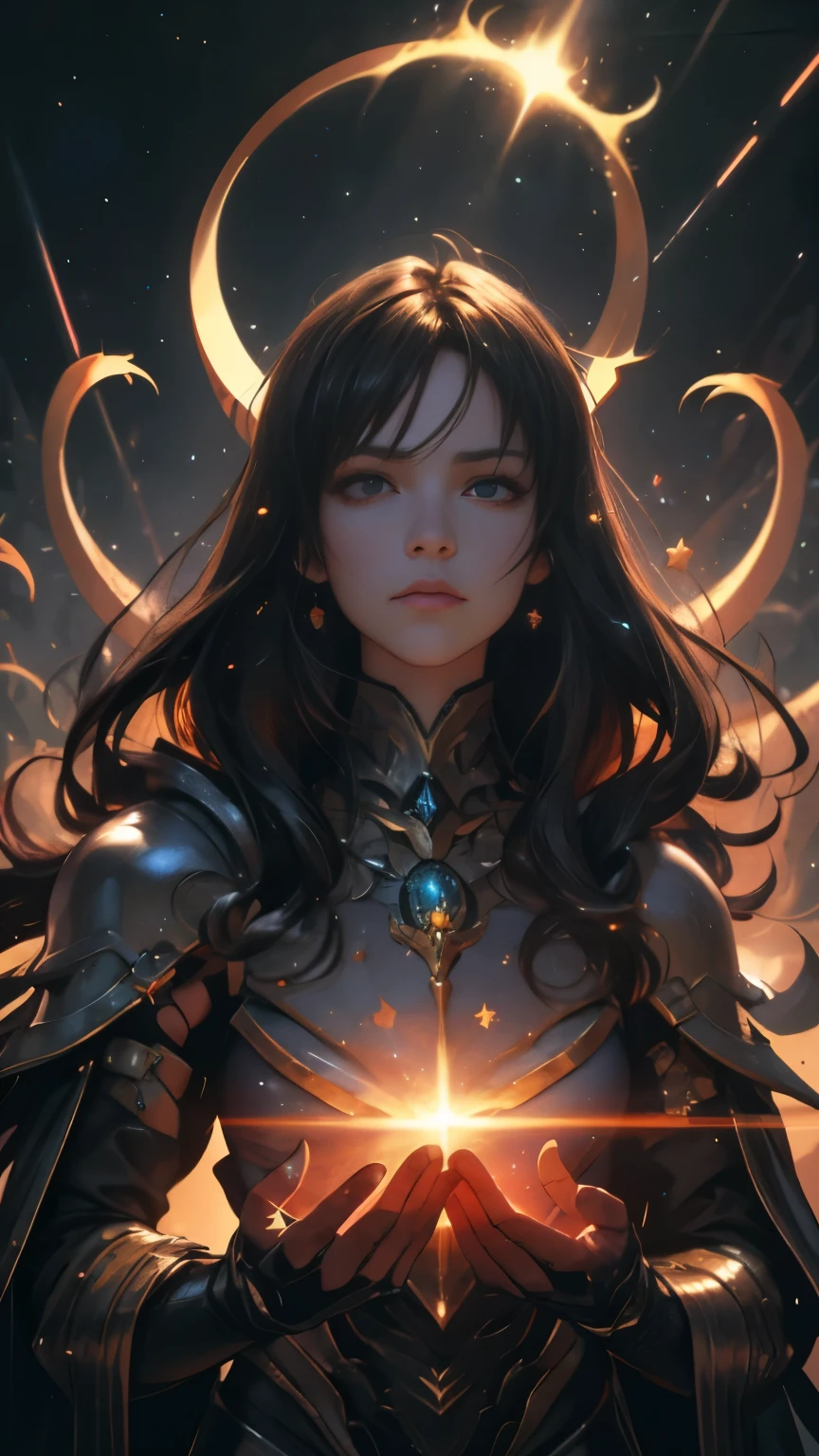 array of swirling stars and galaxies, creating a transcendent and otherworldly atmosphere. The dark fantasy theme is accentuated by the haunting background of a cosmic void, with faint streaks of light piercing through the darkness. The overall effect is both eerie and mesmerizing., conceptual art, cinematic, dark fantasy, anime, hands, face,swirls, dark fantasy, conceptual art, cinematic, anime