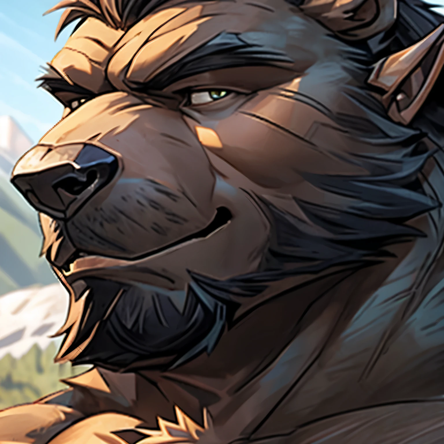 Alone, ORCBEAR, Male, muscle, intestinal muscle, big belly, calnçan, large, Male mature, old. (((closeup of face)))