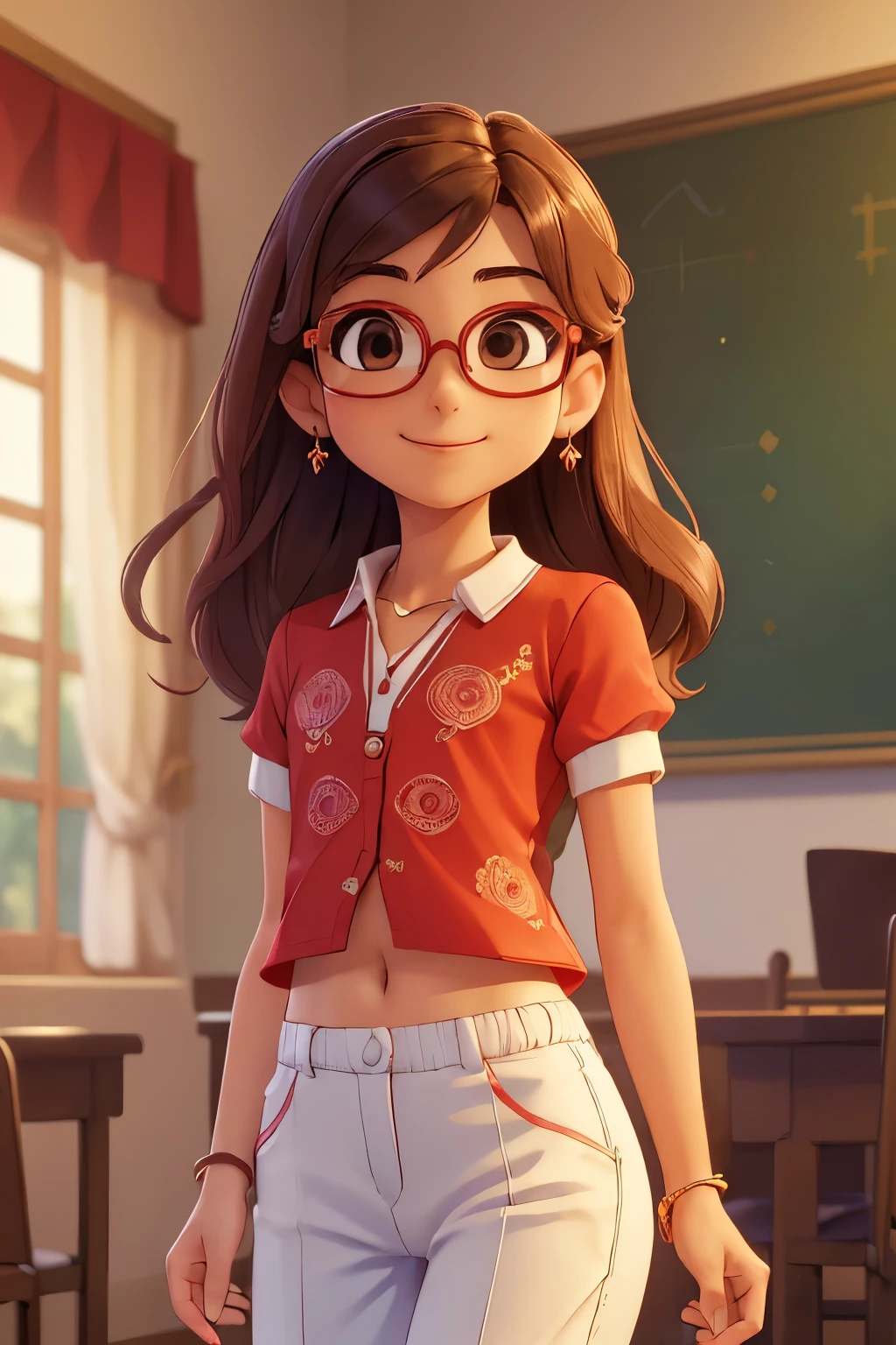 (A small chest:1.3),(Masterpiece, Best quality:1.4), (Beautiful, Aesthetic, Perfect, Delicate, Intricate:1.2),((Best quality)), ((Masterpiece)), (Detailed),(A high resolution:1.2), Classroom, An adult female, Smiling Claudia Chever, Rakhi name printed red shirt, White pant, Glasses, Bend over, angle of view,