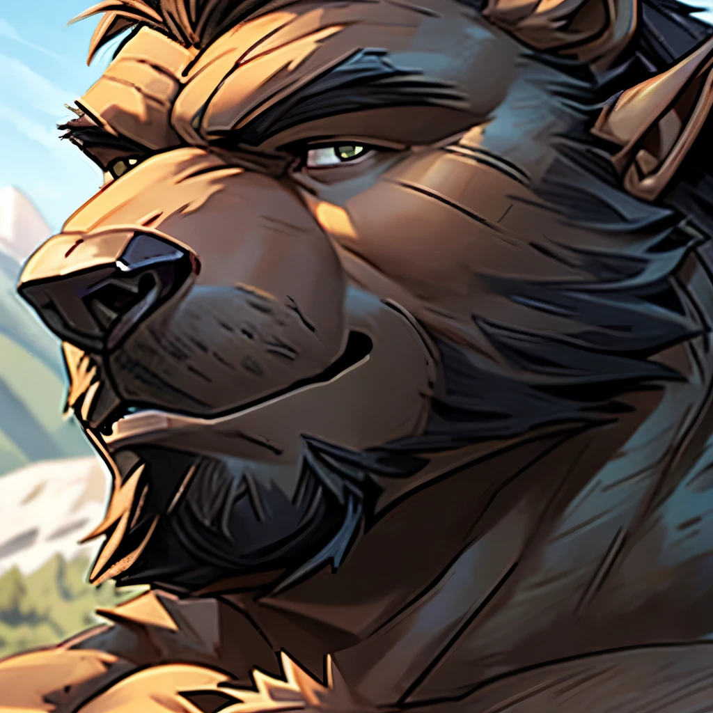 Alone, ORCBEAR, Male, muscle, intestinal muscle, big belly, calnçan, large, Male mature, old. (((closeup of face)))