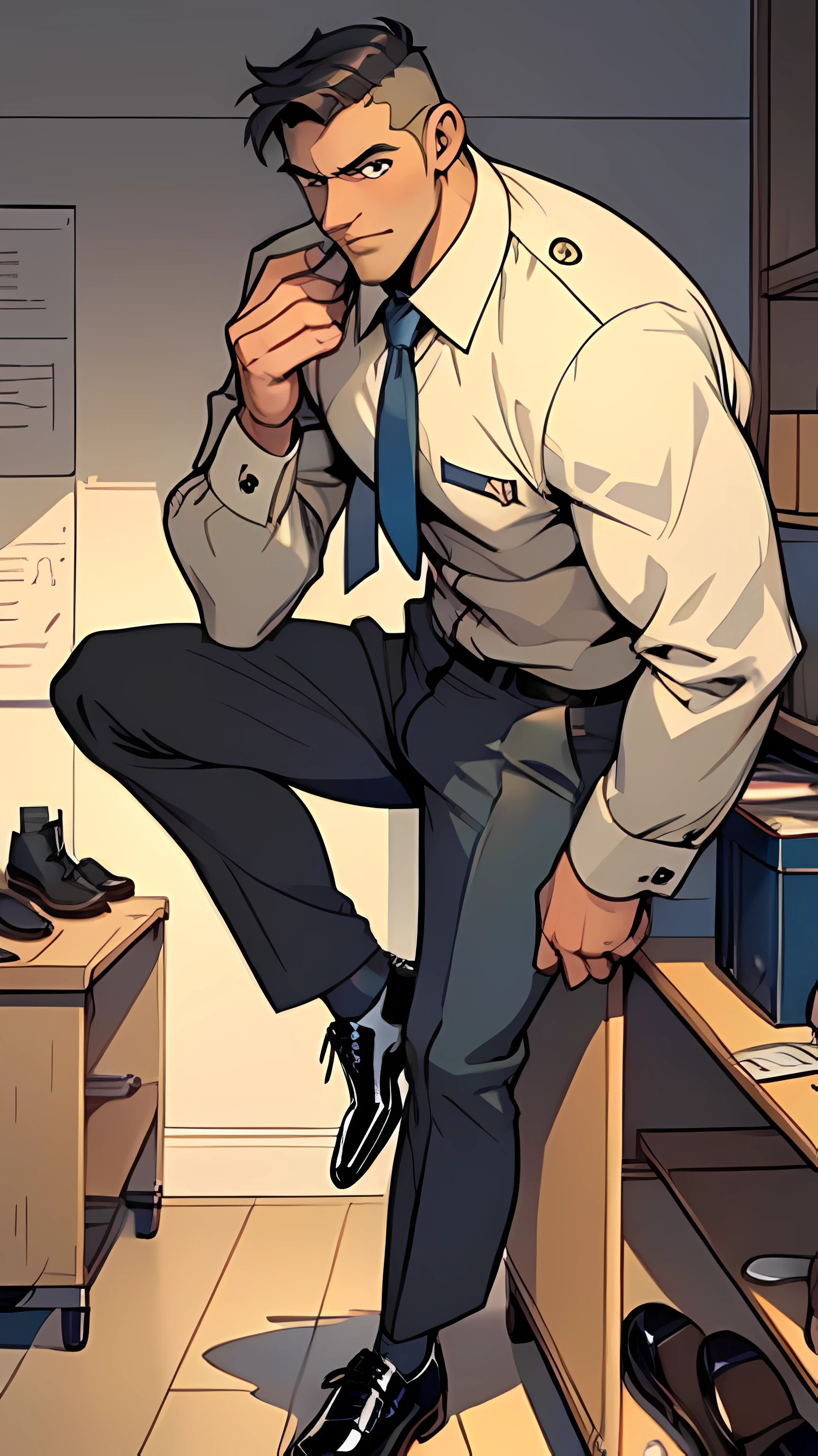 1boy,focus boy,mature man, showing his oxford shoes, shoe teasing (((POV on his shiny shoes))), tall, long legs, dominating pose, alpha male, very detailed, flat colors, wants someone to lick his shoes, good face, detailed face, detailed eyes, standing tall above you