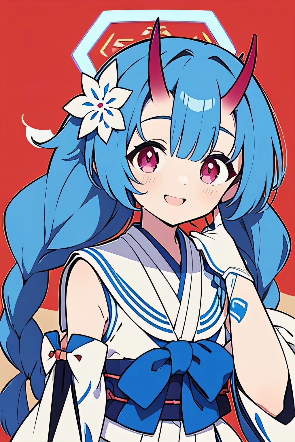 waraku chise, blue hair, sidelocks, twin braids, long braids, hair flower, red eyes, halo, oni horns, japanese clothes, short kimono, sleeveless, detached sleeves, blue bow, obi, geta, tabi, white sailor collar, bridal gauntlets, mastepiece, 8k resolutions, upper body, super happy, sit pose