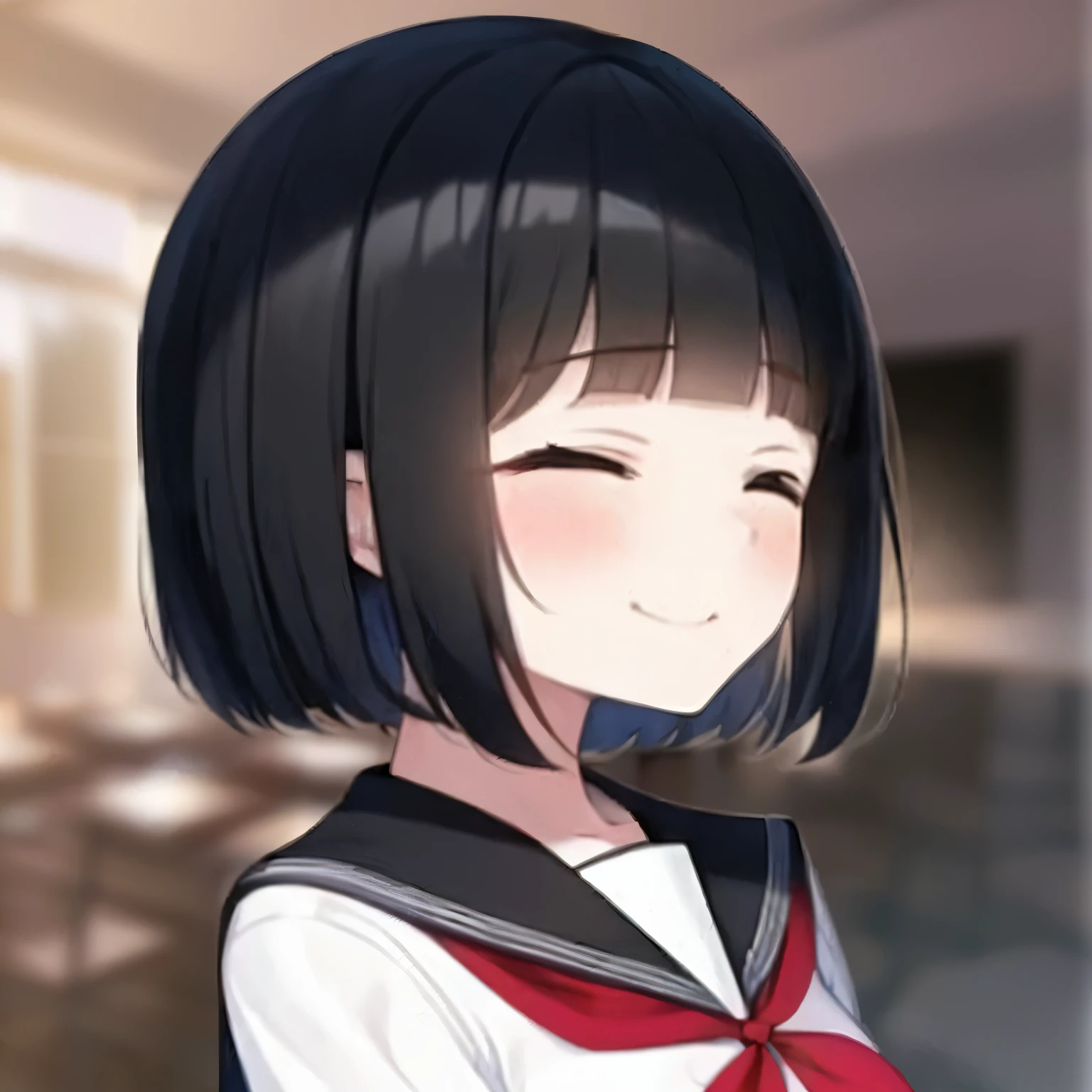 girl. . Japanese . dark short hair. closed eyes. smile. against the backdrop of the school room