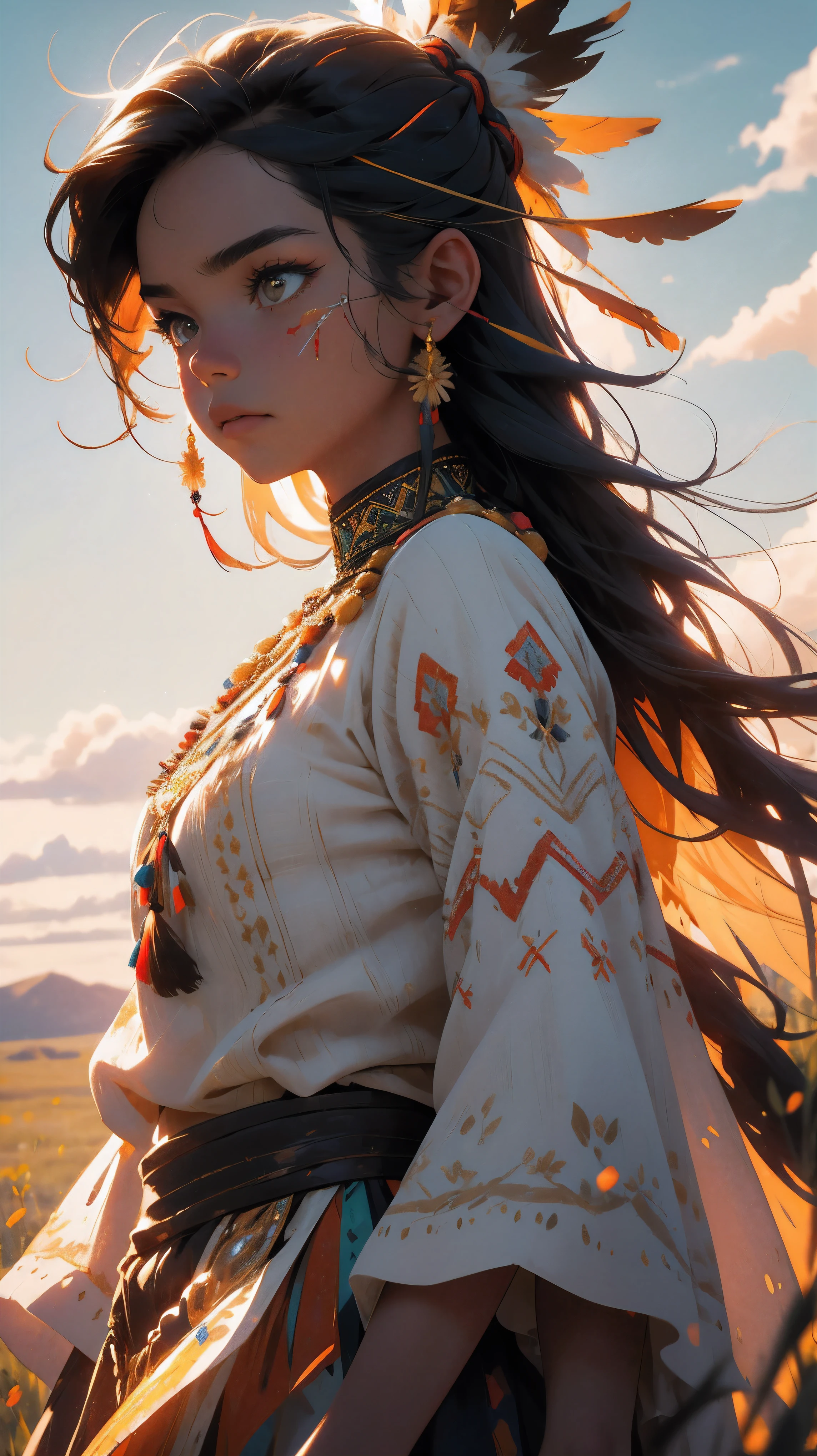 (best quality,4k,8k,highres,masterpiece:1.2),ultra-detailed,(realistic,photorealistic,photo-realistic:1.37),native american girl in traditional dress,decorative headband with feathers,detailed face paint,flowing black hair,traditional fringed dress with intricate beadwork and embroidery,enchanting expression,standing in a serene prairie surrounded by tall grass and wildflowers,sunlit landscape with warm golden tones,gentle breeze rustling her hair and dress,peaceful atmosphere,cultural pride,celebrating Native American heritage,portraits,artistic composition,vivid colors,natural lighting
